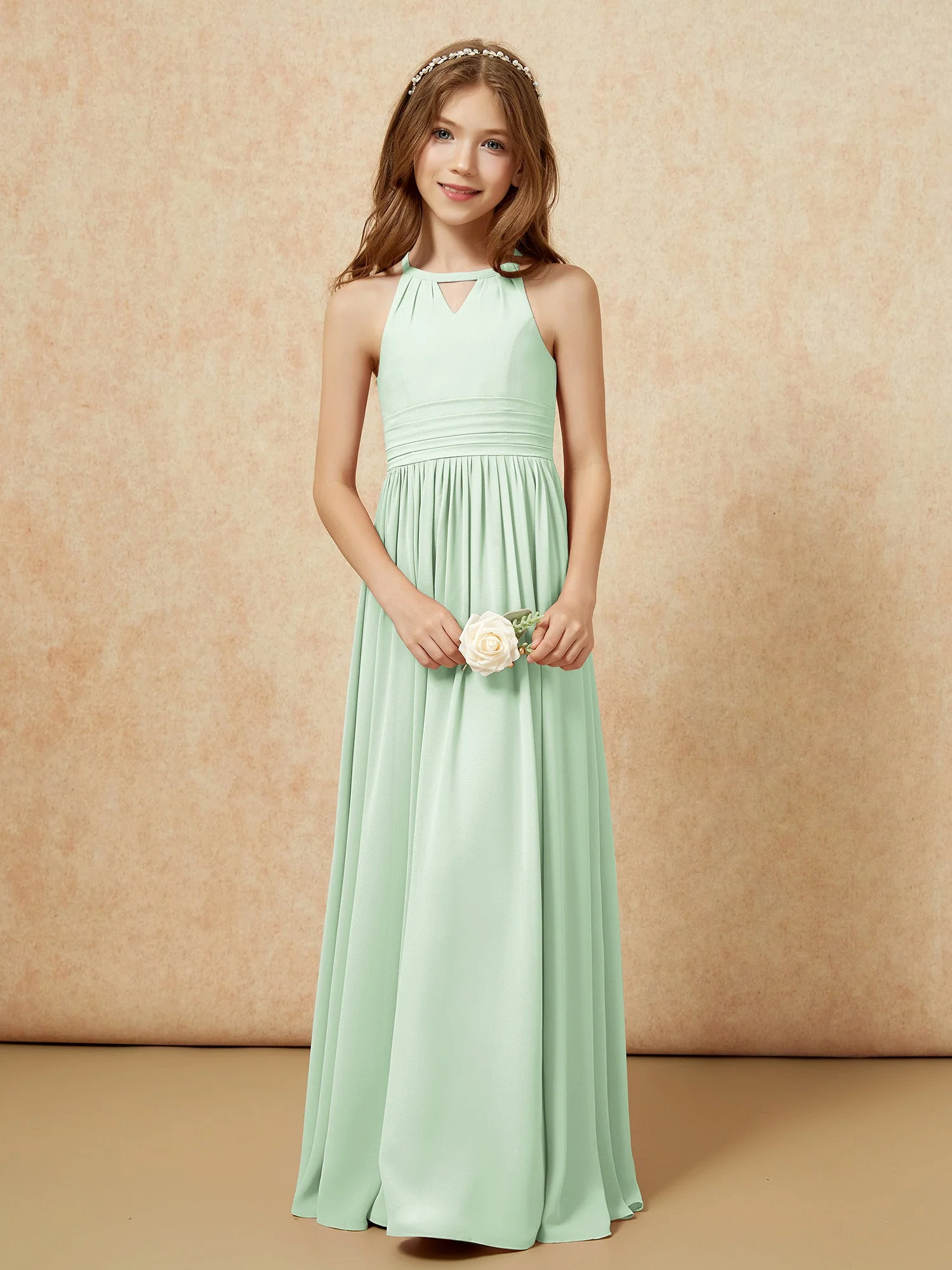 Halshalter Ärmellos Lang Chiffon Junge Brautjungfernkleider Staubiges Salbei - Image 5