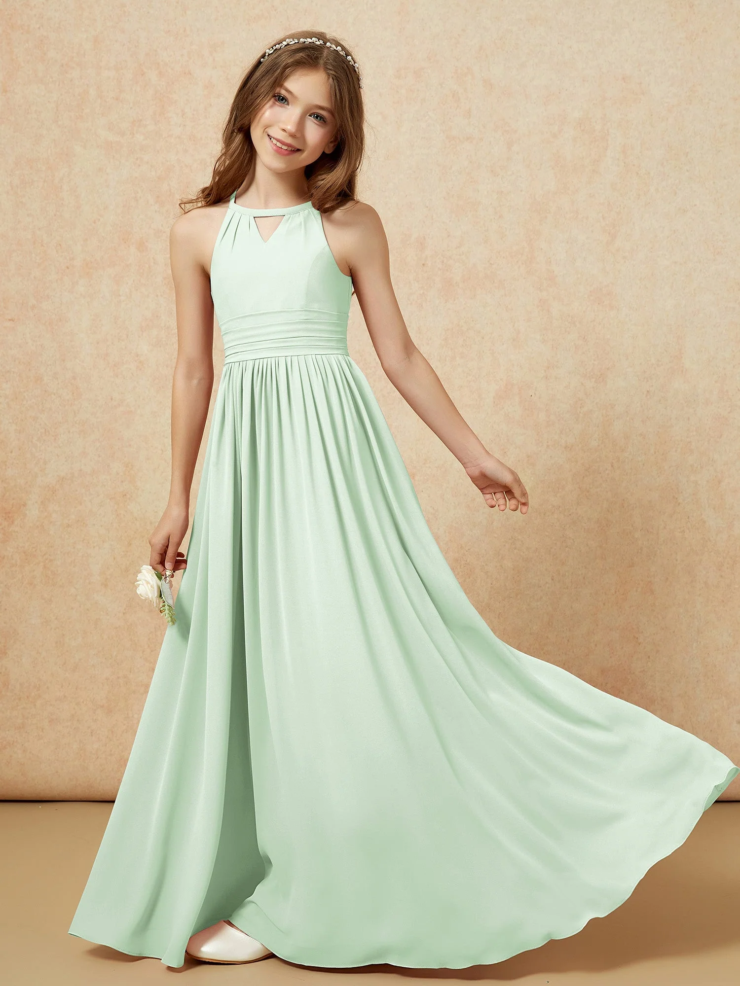 Halshalter Ärmellos Lang Chiffon Junge Brautjungfernkleider Staubiges Salbei - Image 6