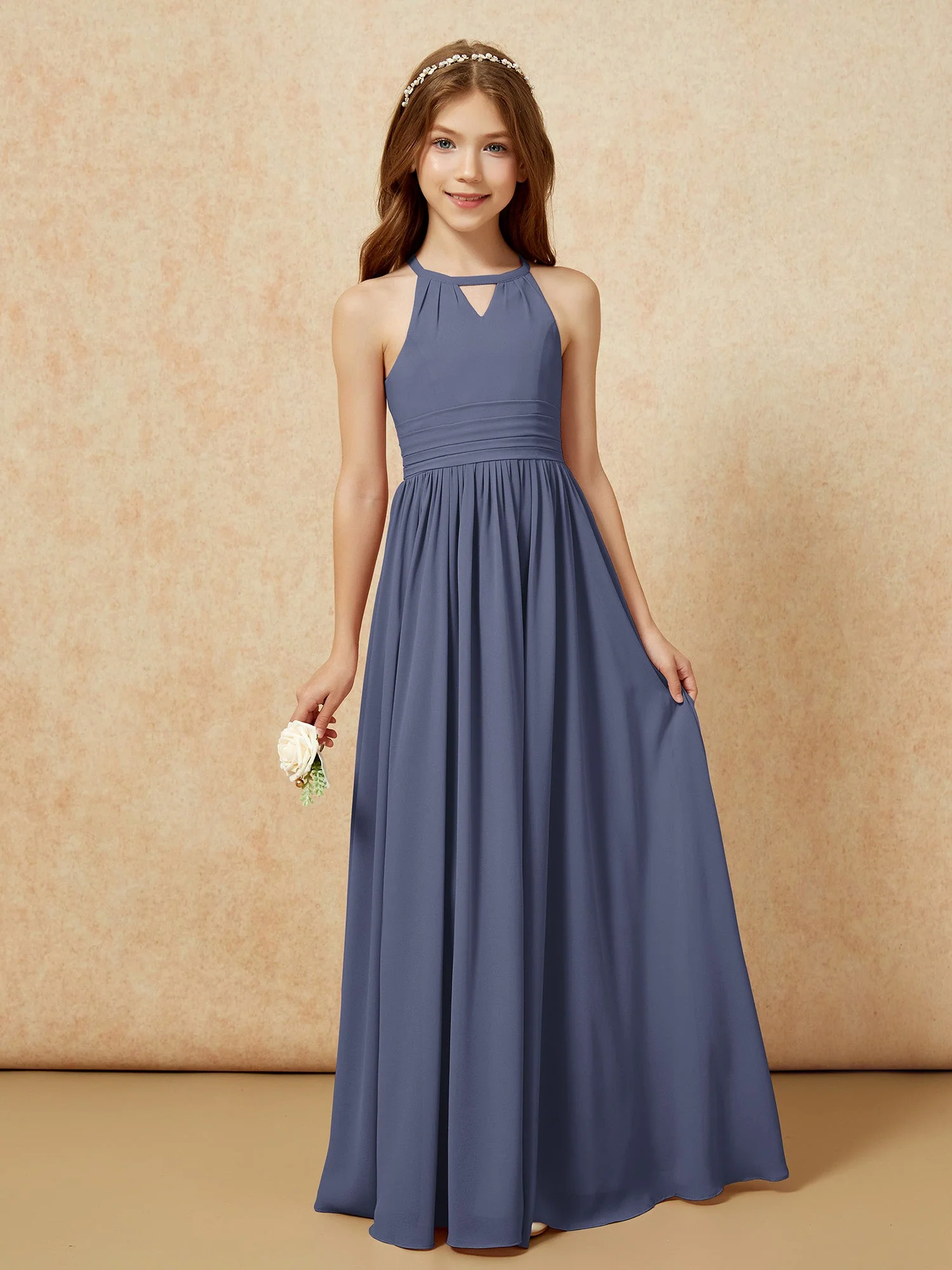 Halshalter Ärmellos Lang Chiffon Junge Brautjungfernkleider Sturm