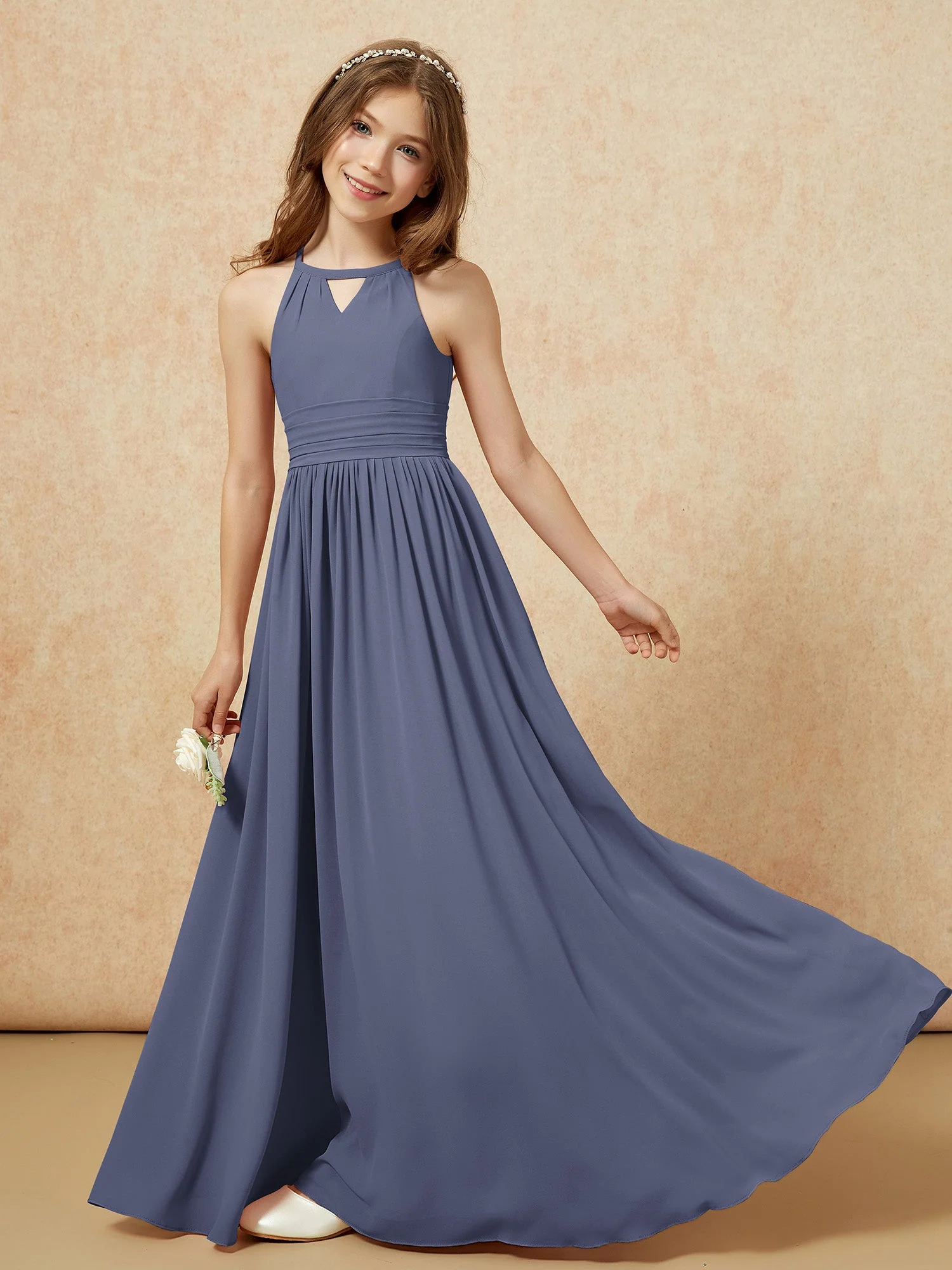 Halshalter Ärmellos Lang Chiffon Junge Brautjungfernkleider Sturm - Image 6