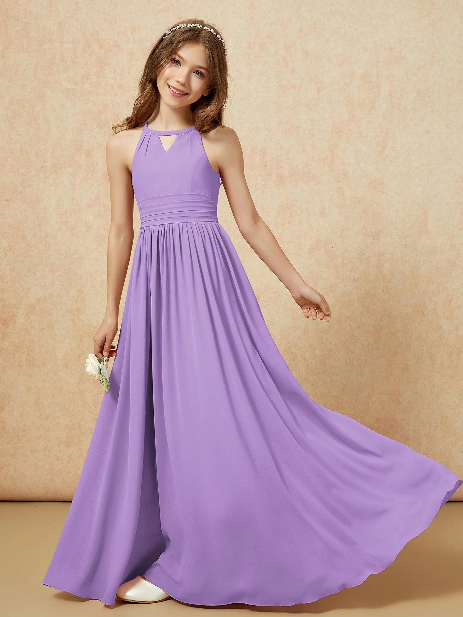 Halshalter Ärmellos Lang Chiffon Junge Brautjungfernkleider Tahiti - Image 6