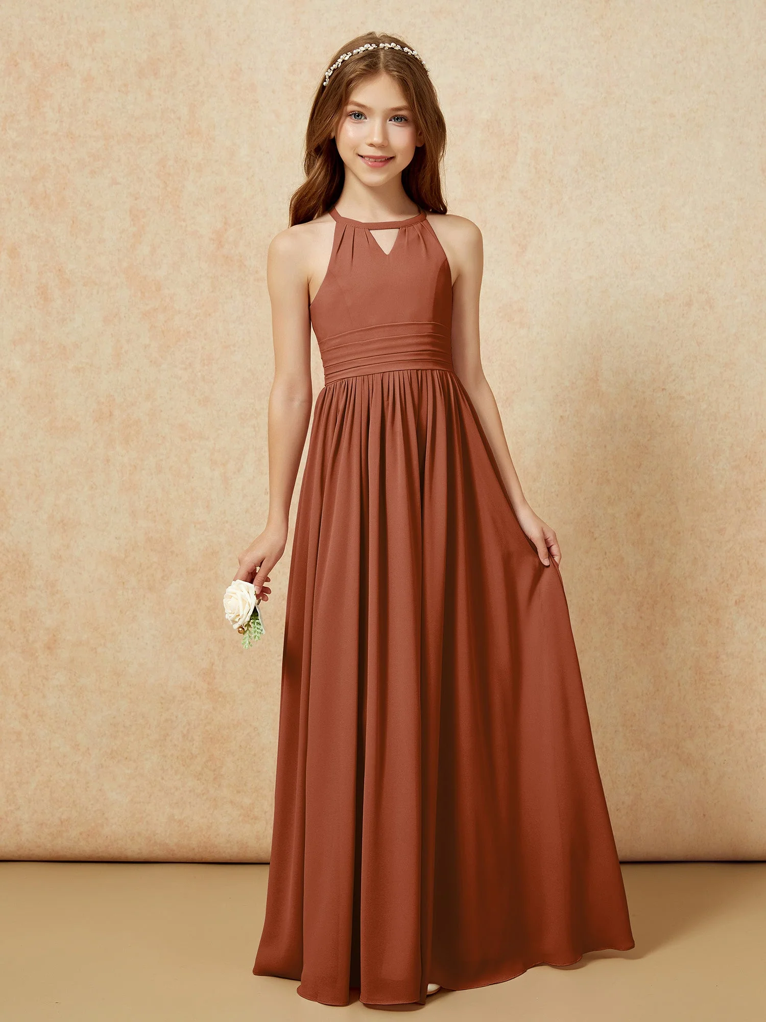 Halshalter Ärmellos Lang Chiffon Junge Brautjungfernkleider Terrakotta