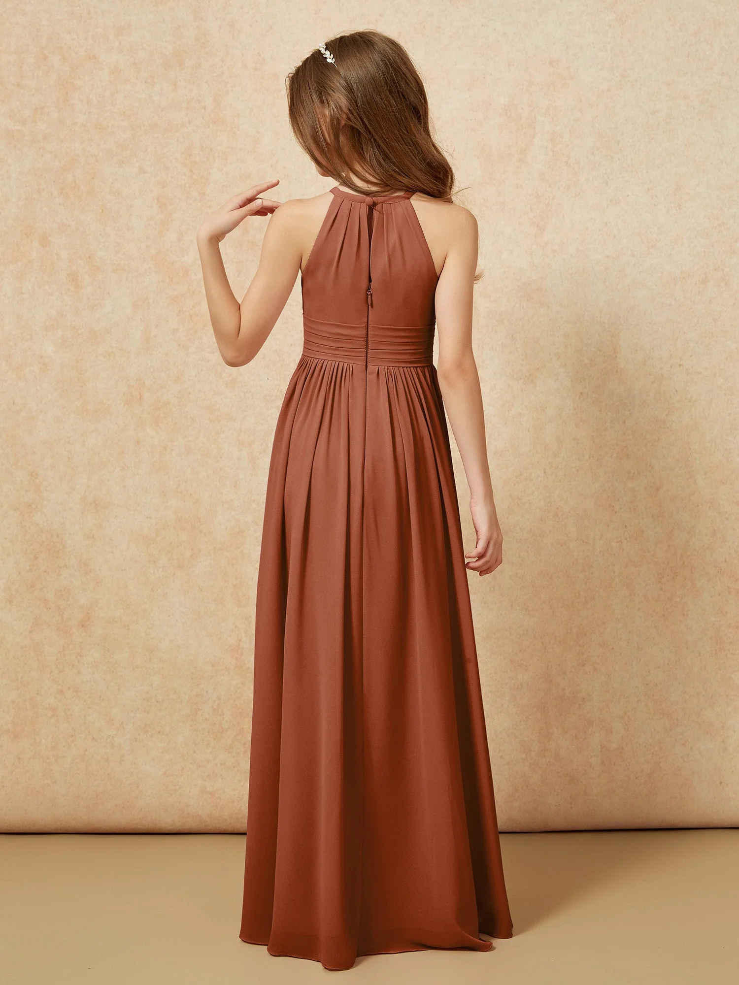 Halshalter Ärmellos Lang Chiffon Junge Brautjungfernkleider Terrakotta - Image 2