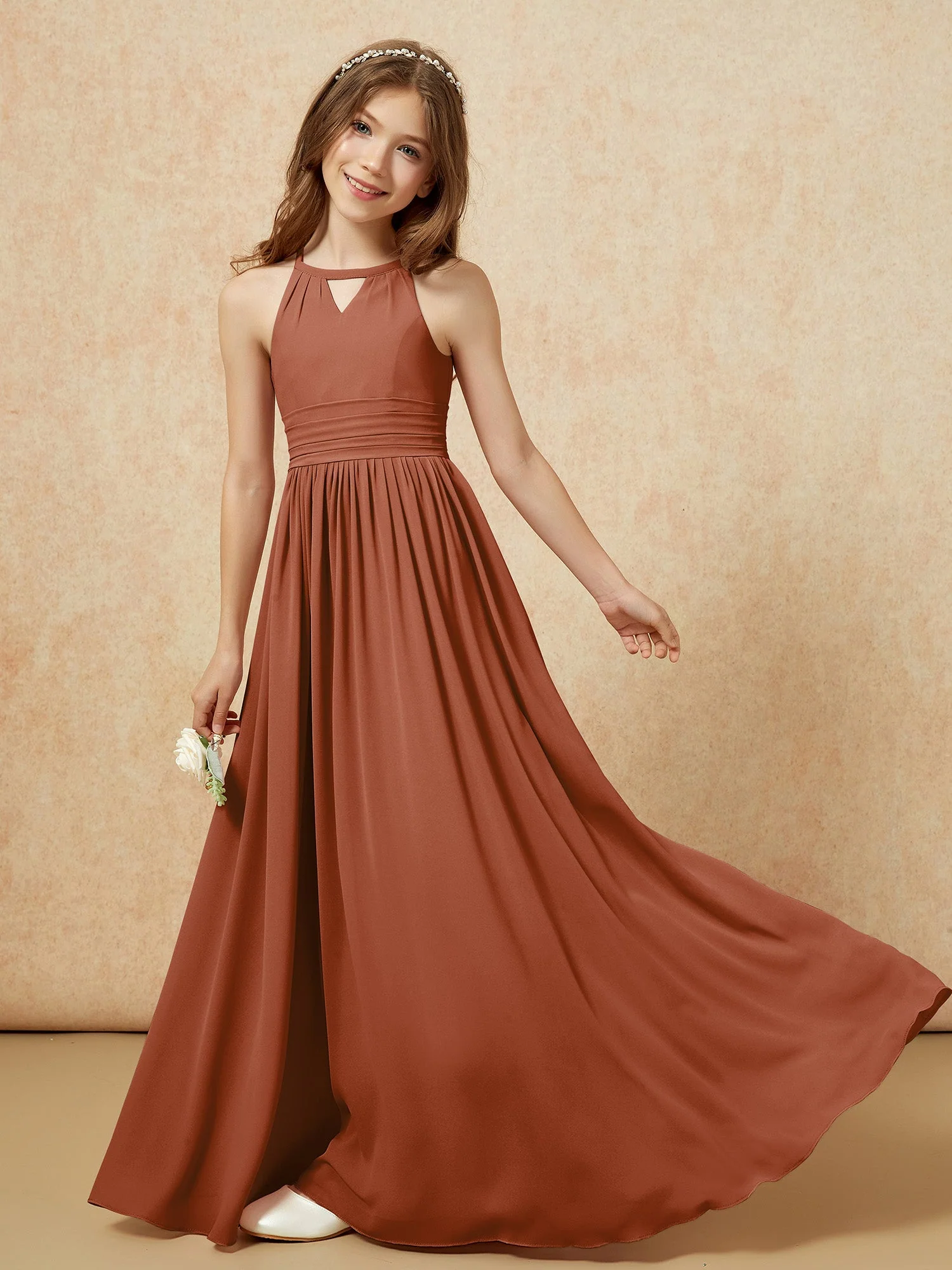 Halshalter Ärmellos Lang Chiffon Junge Brautjungfernkleider Terrakotta - Image 6