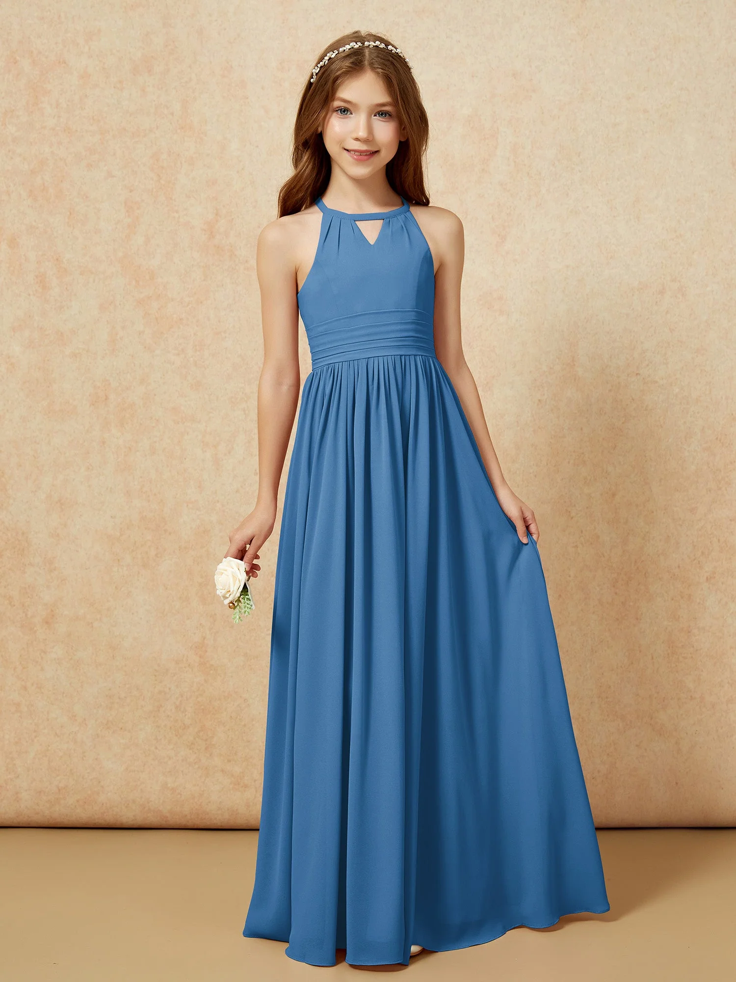 Halshalter Ärmellos Lang Chiffon Junge Brautjungfernkleider Tinte Blau