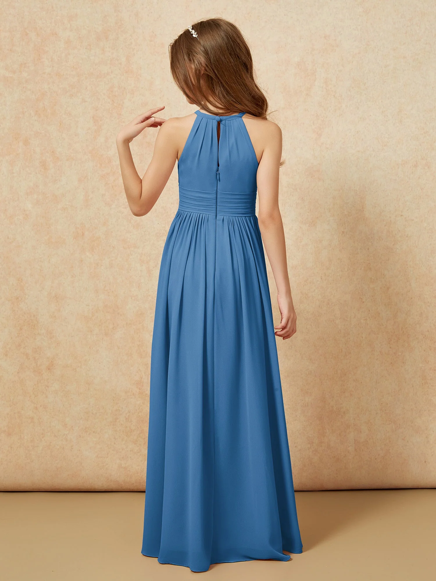 Halshalter Ärmellos Lang Chiffon Junge Brautjungfernkleider Tinte Blau - Image 2