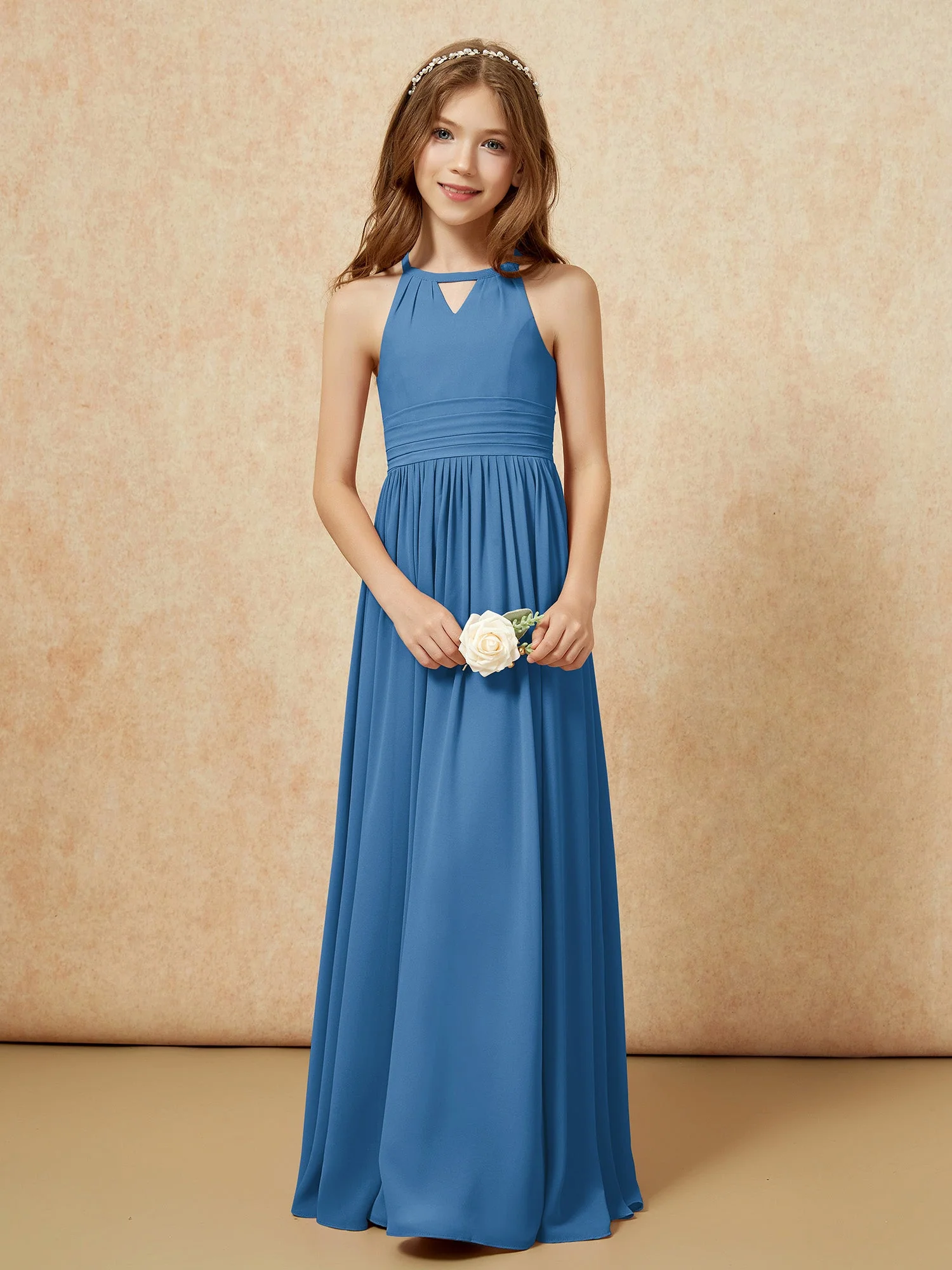 Halshalter Ärmellos Lang Chiffon Junge Brautjungfernkleider Tinte Blau - Image 5