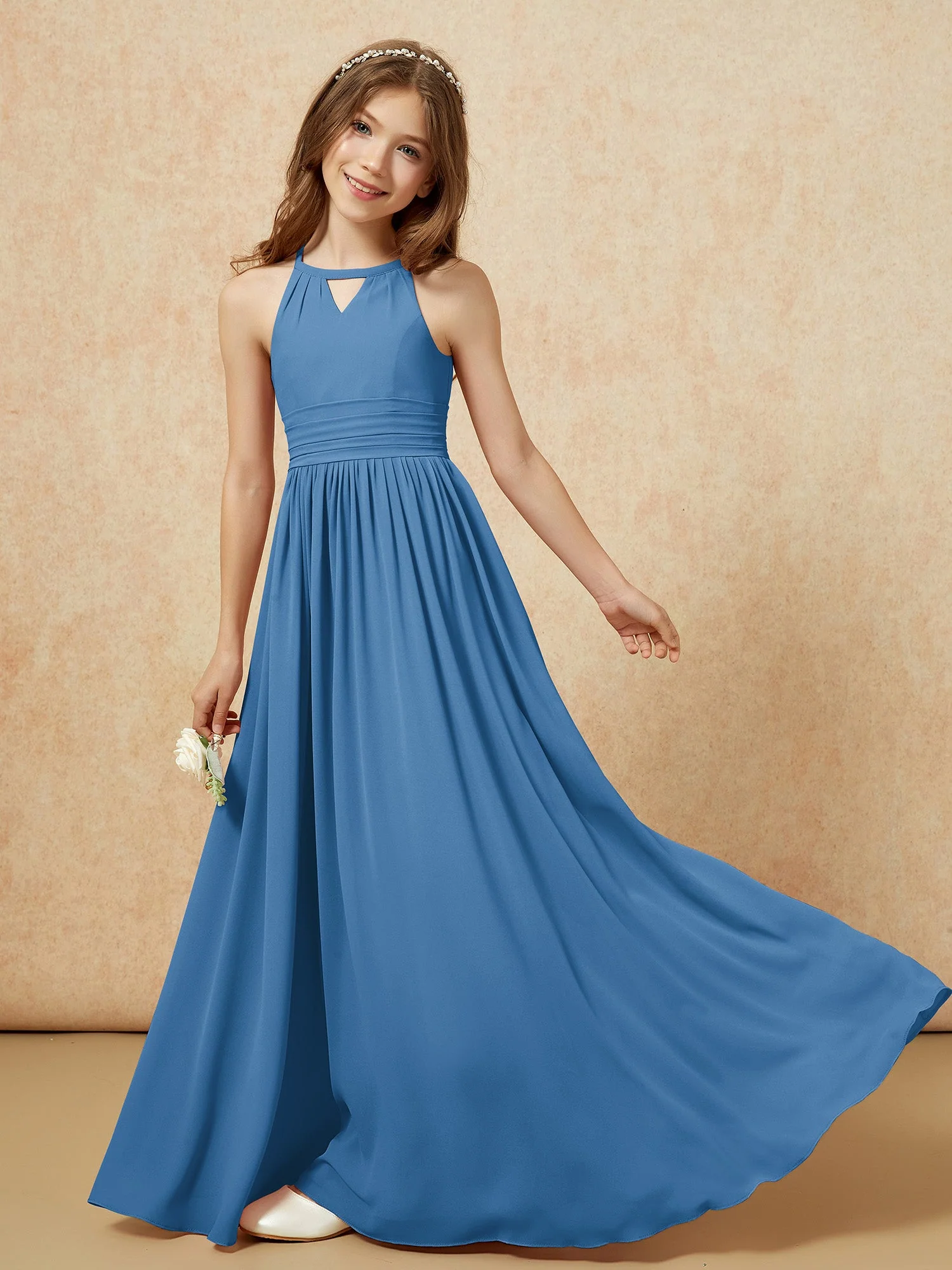 Halshalter Ärmellos Lang Chiffon Junge Brautjungfernkleider Tinte Blau - Image 6