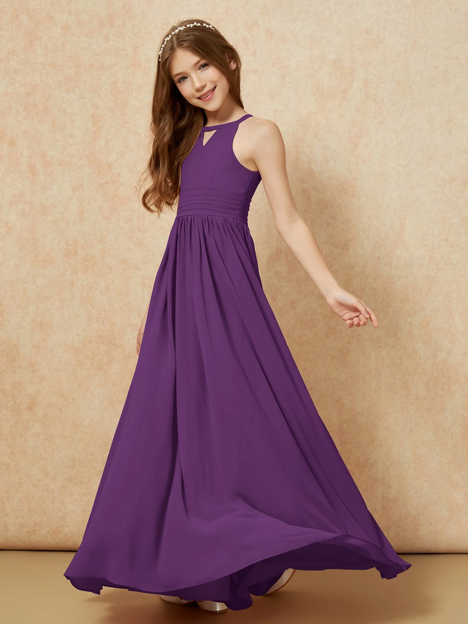 Halshalter Ärmellos Lang Chiffon Junge Brautjungfernkleider Traube - Image 3