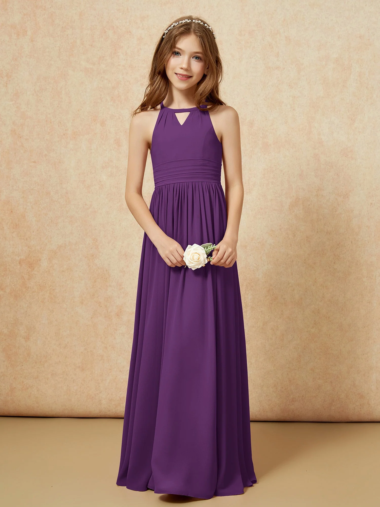 Halshalter Ärmellos Lang Chiffon Junge Brautjungfernkleider Traube - Image 5