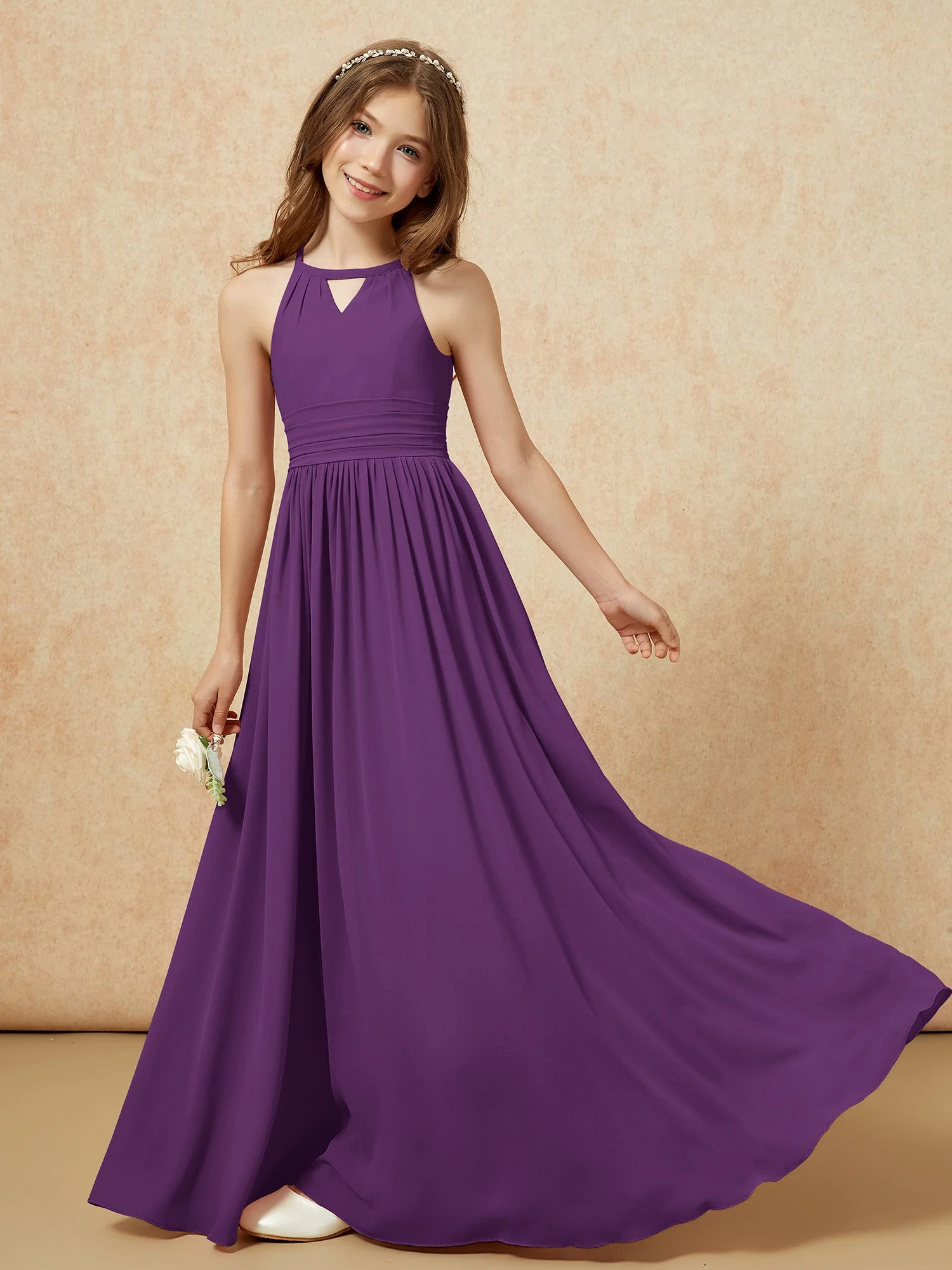 Halshalter Ärmellos Lang Chiffon Junge Brautjungfernkleider Traube - Image 6
