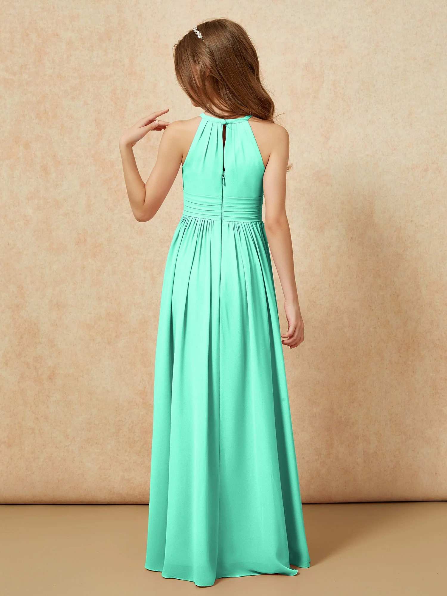 Halshalter Ärmellos Lang Chiffon Junge Brautjungfernkleider Türkis - Image 2
