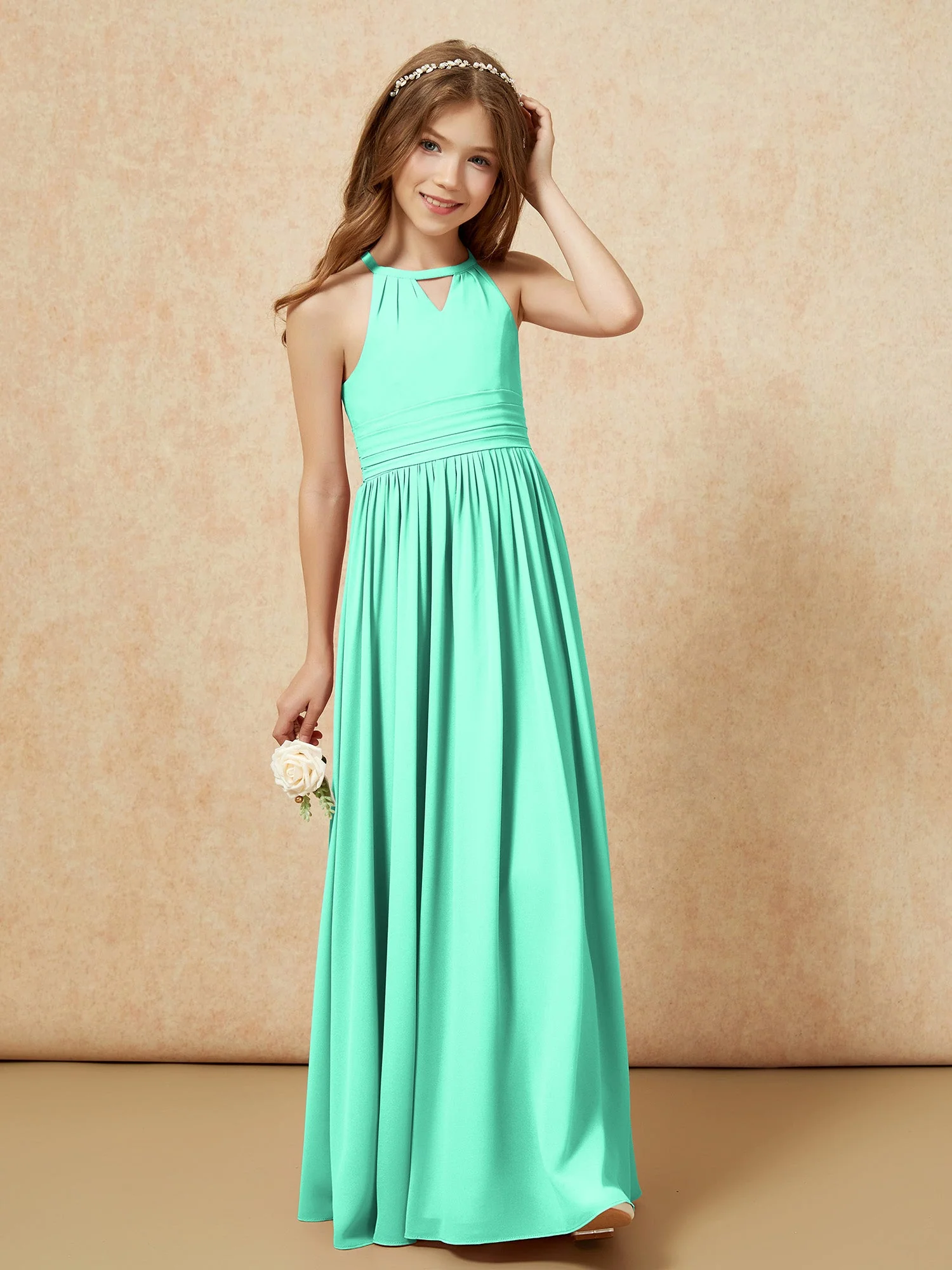 Halshalter Ärmellos Lang Chiffon Junge Brautjungfernkleider Türkis - Image 4