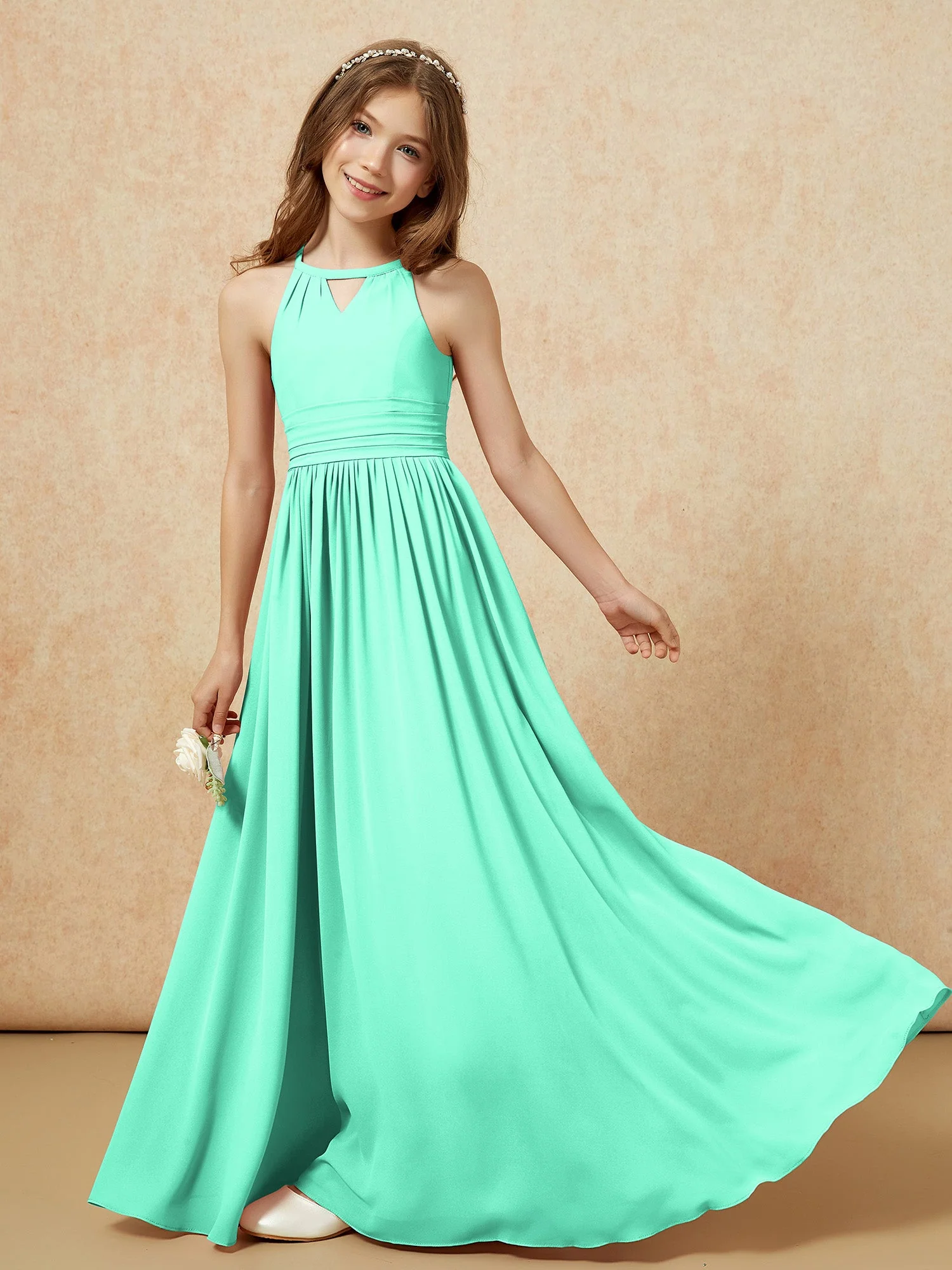 Halshalter Ärmellos Lang Chiffon Junge Brautjungfernkleider Türkis - Image 6