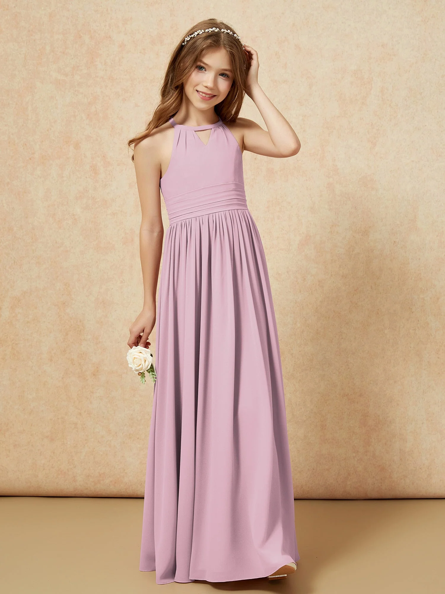 Halshalter Ärmellos Lang Chiffon Junge Brautjungfernkleider Vintage Mauve - Image 4