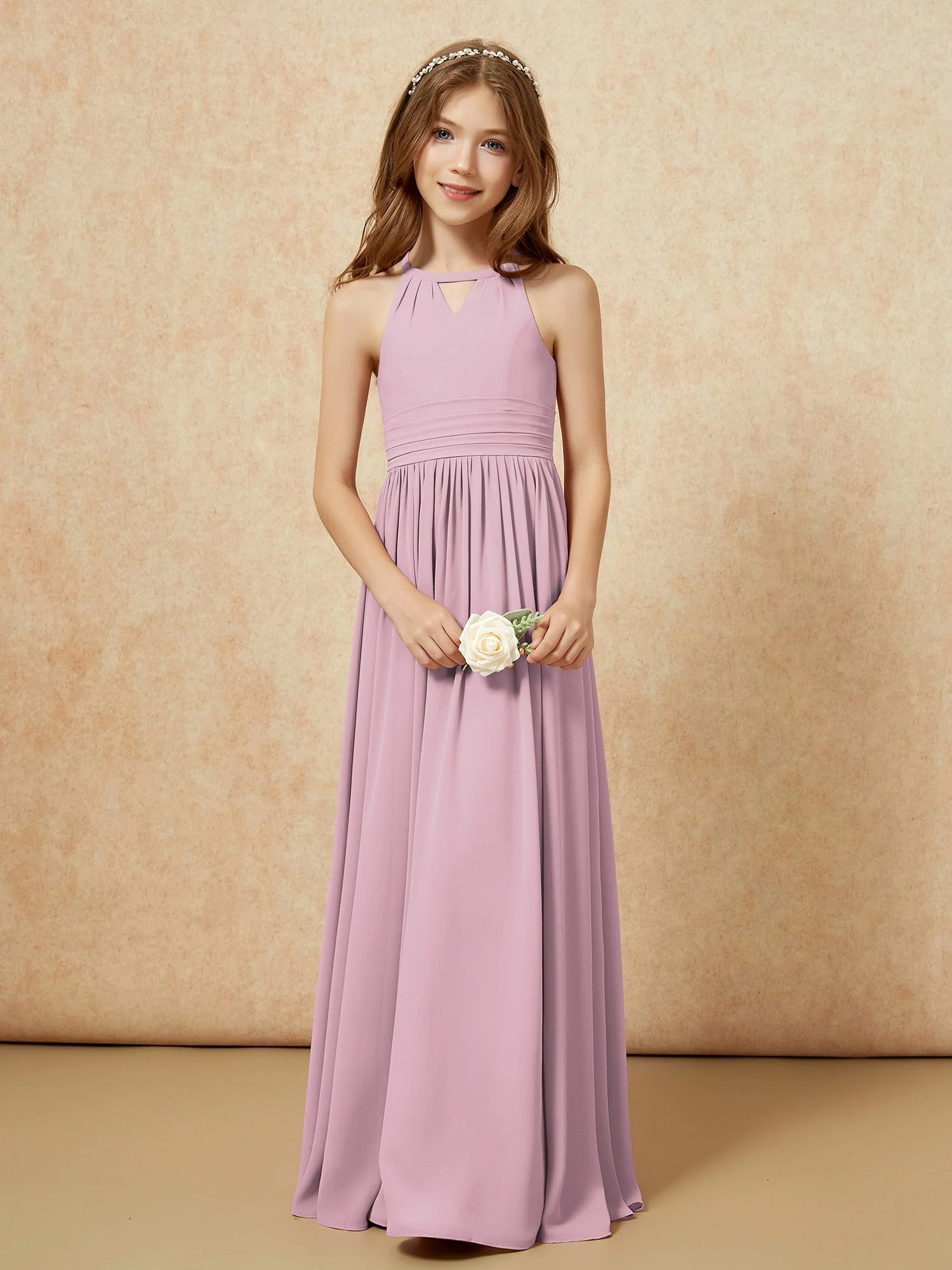 Halshalter Ärmellos Lang Chiffon Junge Brautjungfernkleider Vintage Mauve - Image 5
