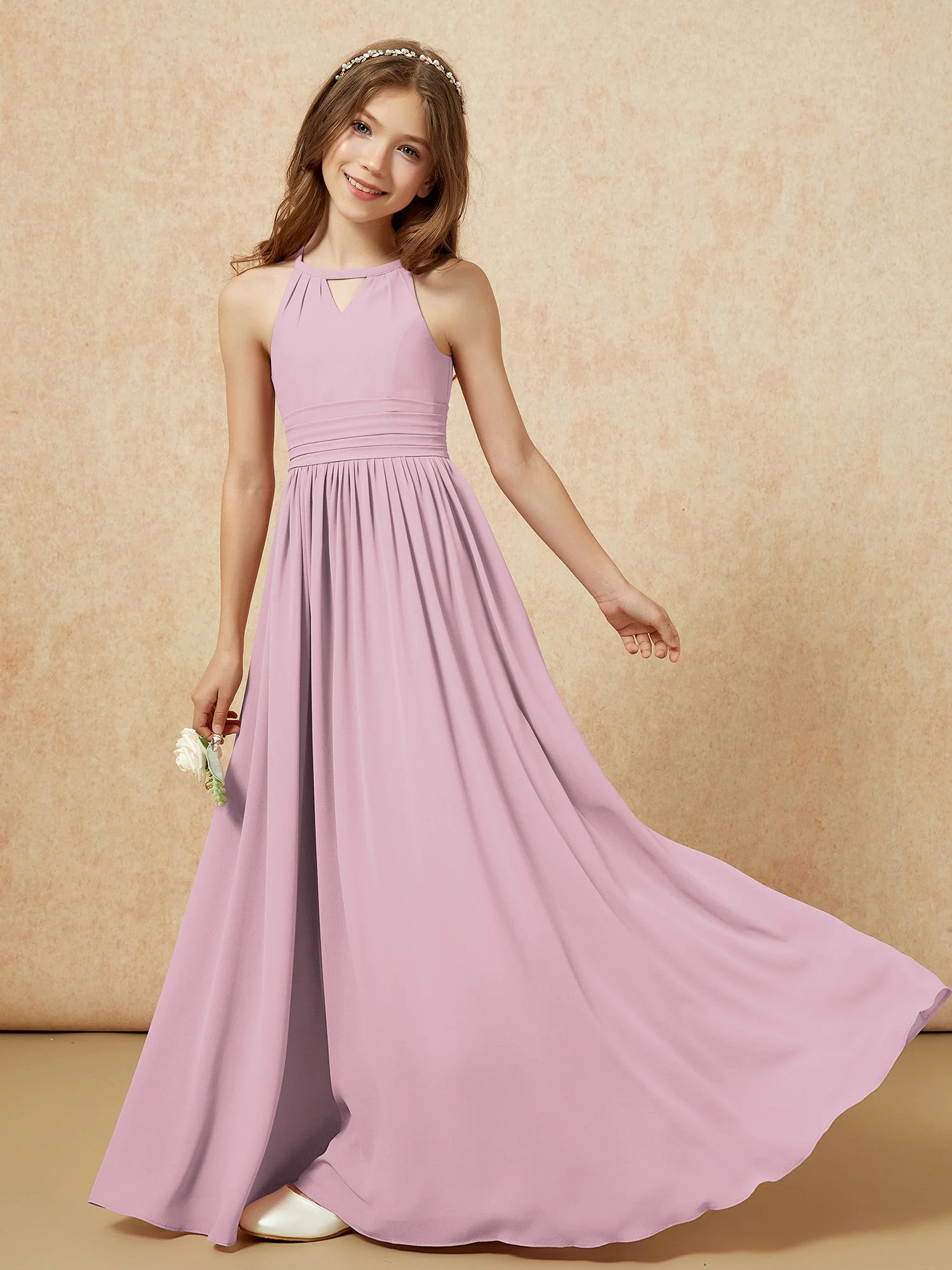 Halshalter Ärmellos Lang Chiffon Junge Brautjungfernkleider Vintage Mauve - Image 6