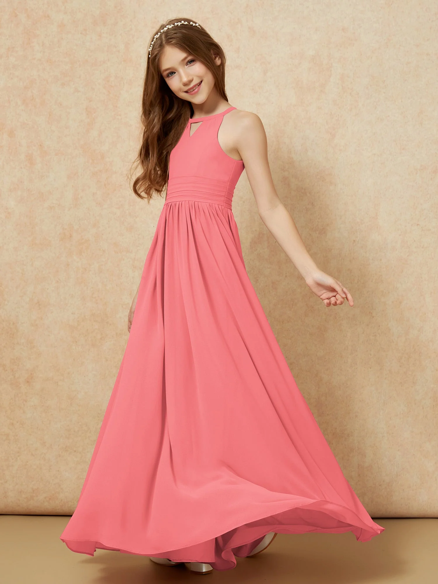 Halshalter Ärmellos Lang Chiffon Junge Brautjungfernkleider Wassermelone - Image 3