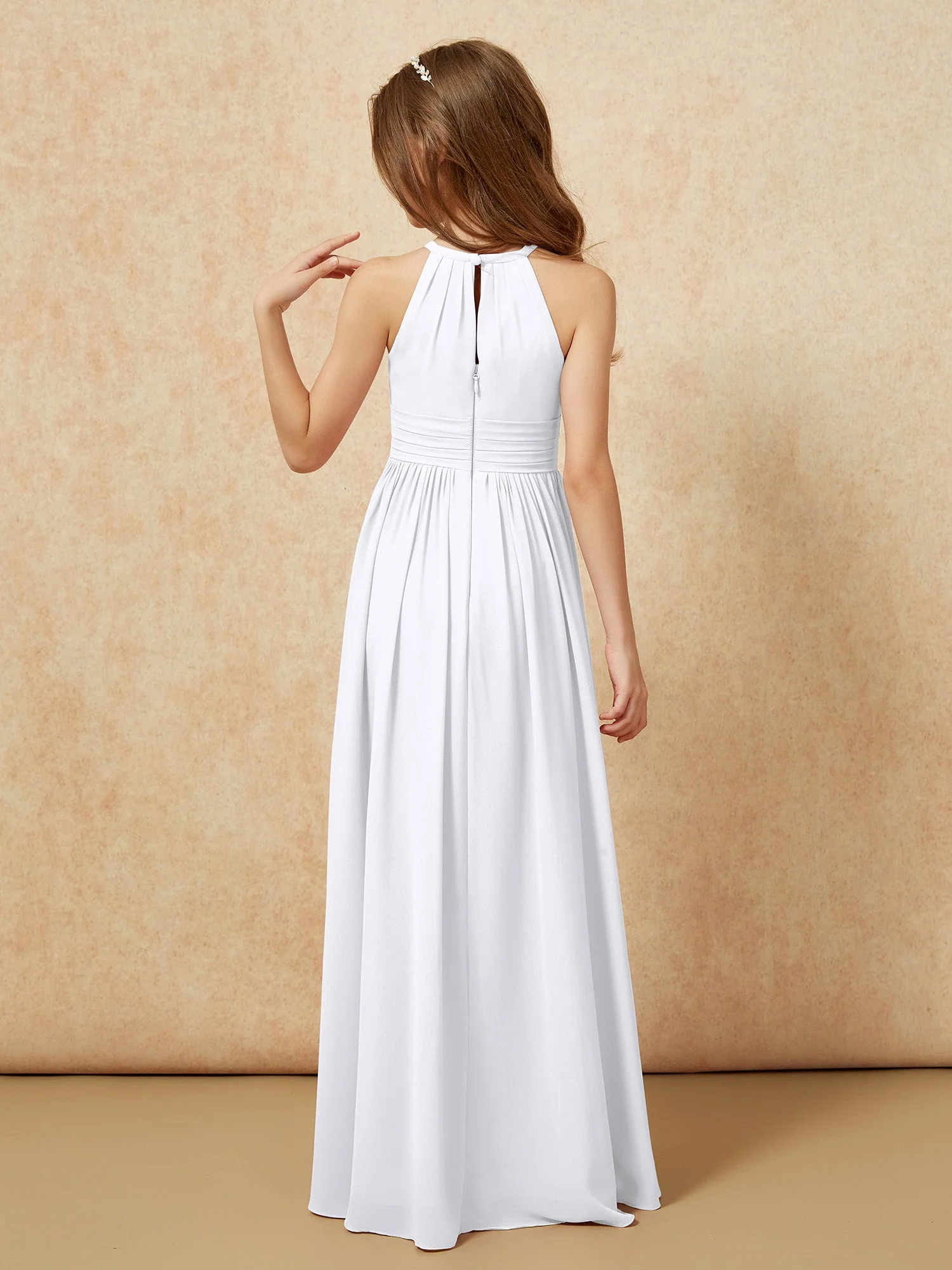 Halshalter Ärmellos Lang Chiffon Junge Brautjungfernkleider Weiß - Image 2