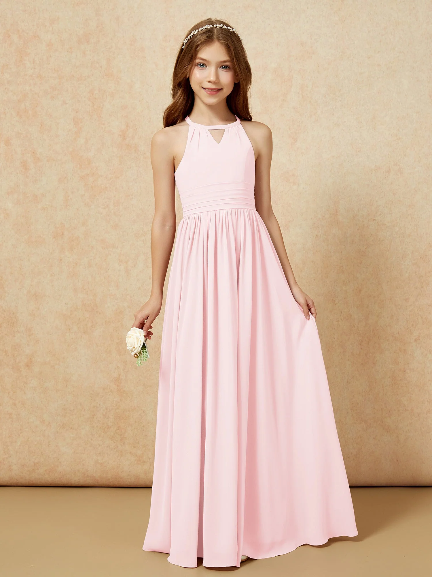 Halshalter Ärmellos Lang Chiffon Junge Brautjungfernkleider Zartrosa