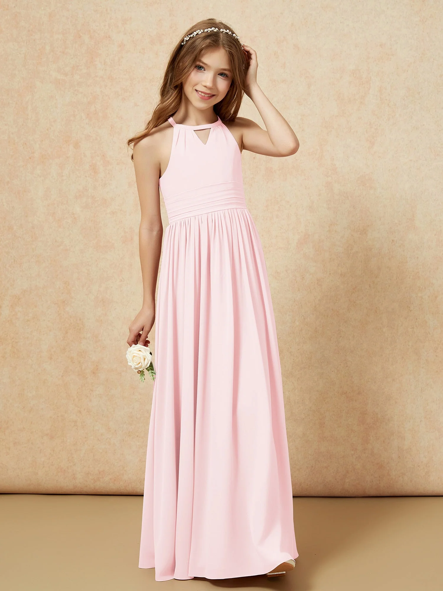 Halshalter Ärmellos Lang Chiffon Junge Brautjungfernkleider Zartrosa - Image 4