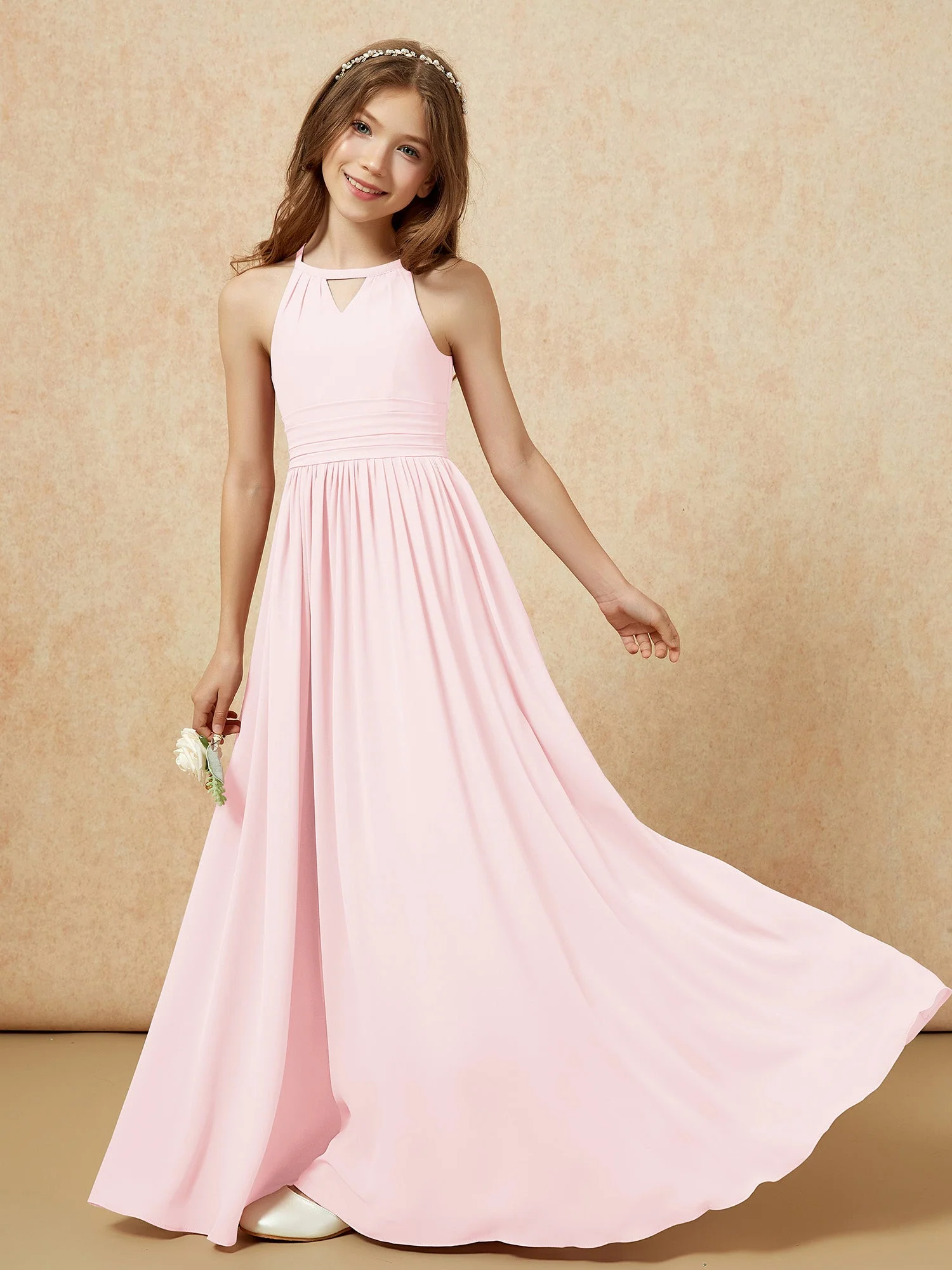 Halshalter Ärmellos Lang Chiffon Junge Brautjungfernkleider Zartrosa - Image 6