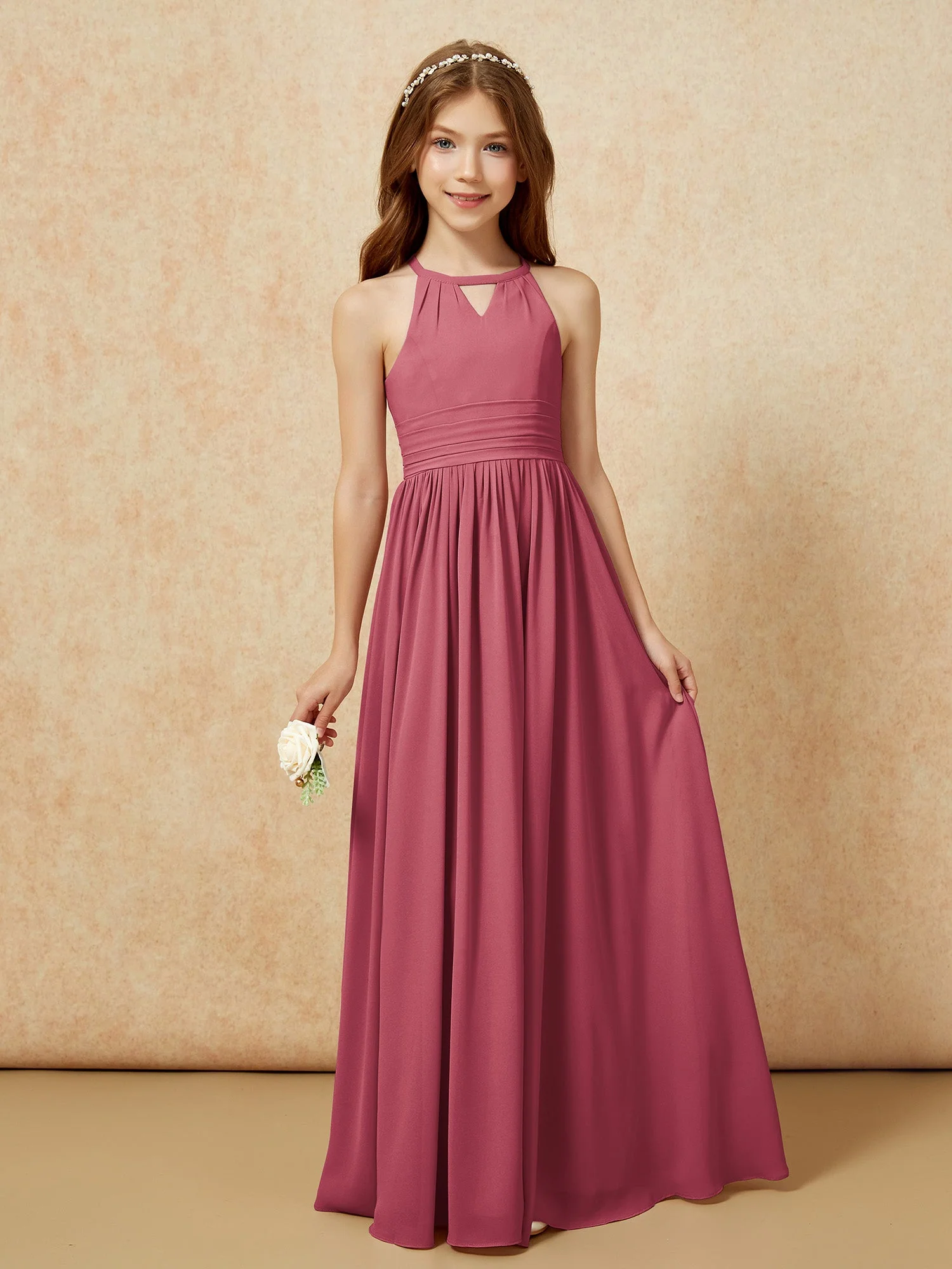 Halshalter Ärmellos Lang Chiffon Junge Brautjungfernkleider Zimtrose