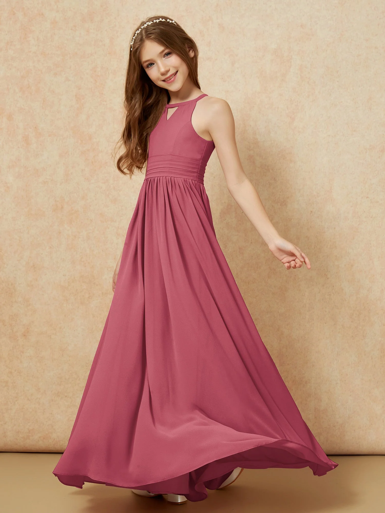 Halshalter Ärmellos Lang Chiffon Junge Brautjungfernkleider Zimtrose - Image 3