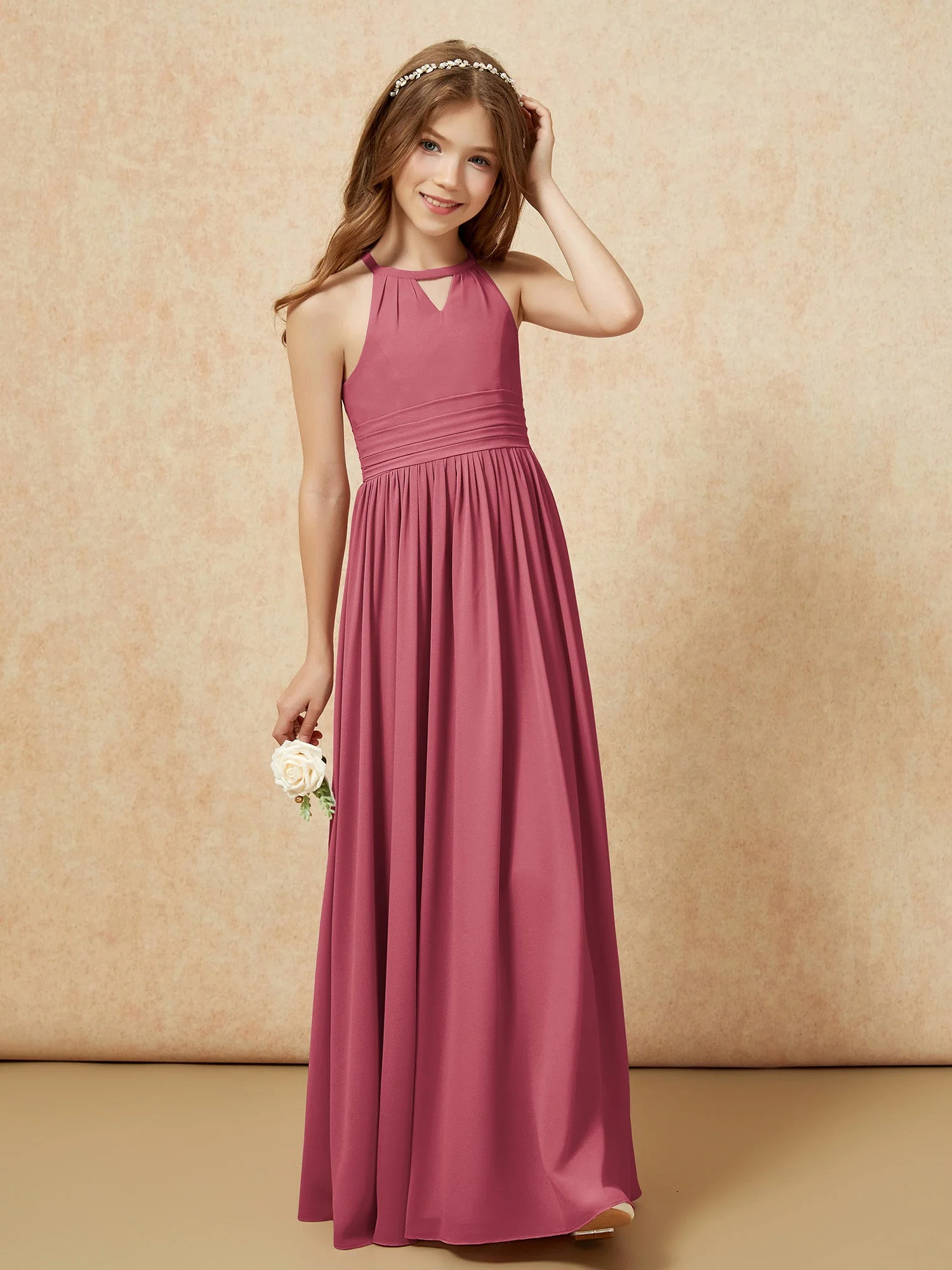 Halshalter Ärmellos Lang Chiffon Junge Brautjungfernkleider Zimtrose - Image 4