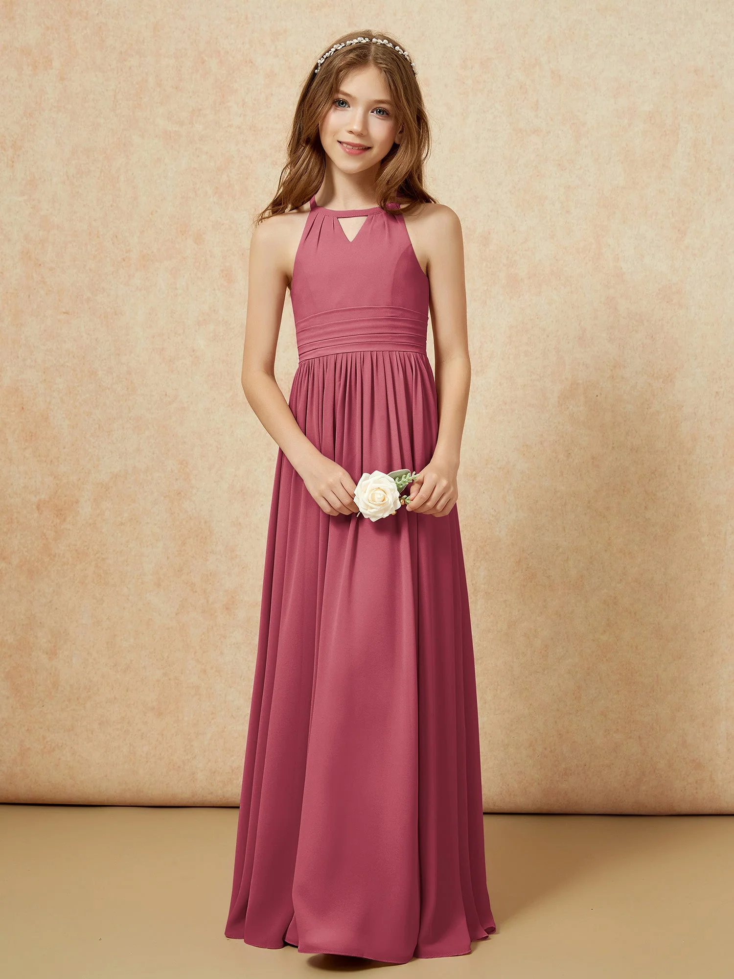 Halshalter Ärmellos Lang Chiffon Junge Brautjungfernkleider Zimtrose - Image 5