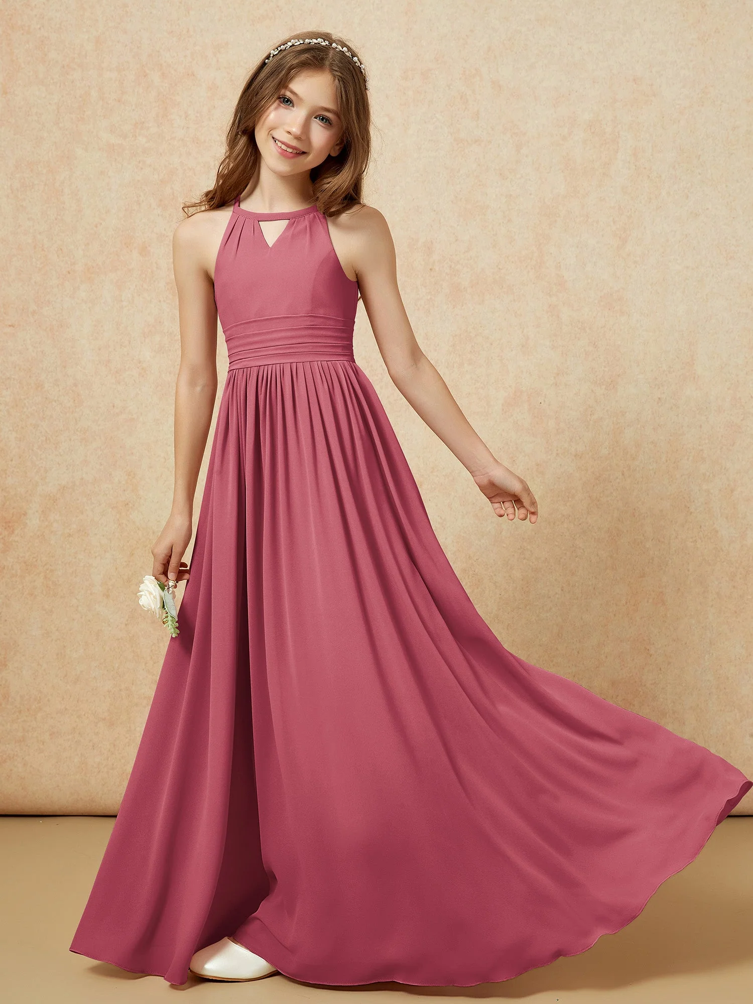 Halshalter Ärmellos Lang Chiffon Junge Brautjungfernkleider Zimtrose - Image 6