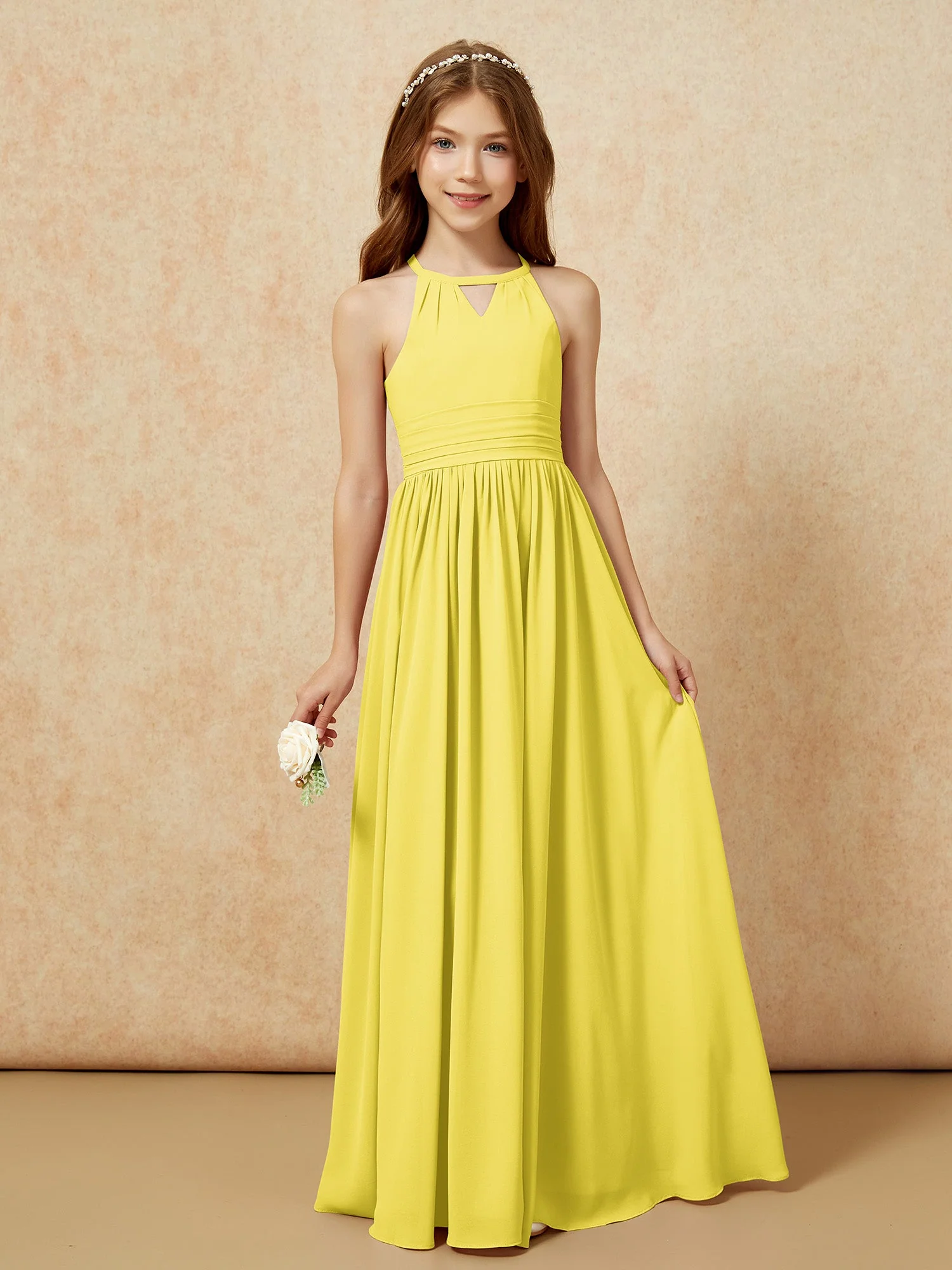 Halshalter Ärmellos Lang Chiffon Junge Brautjungfernkleider Zitrone