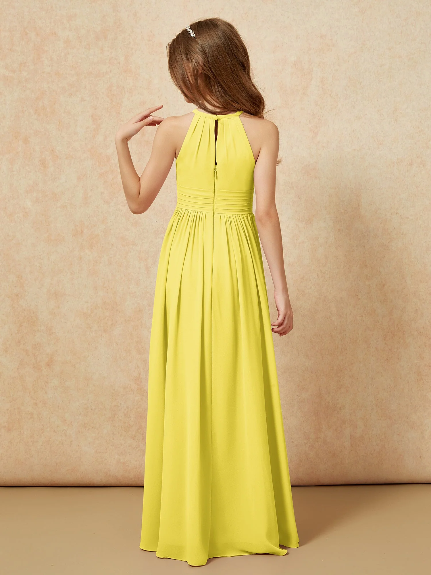 Halshalter Ärmellos Lang Chiffon Junge Brautjungfernkleider Zitrone - Image 2