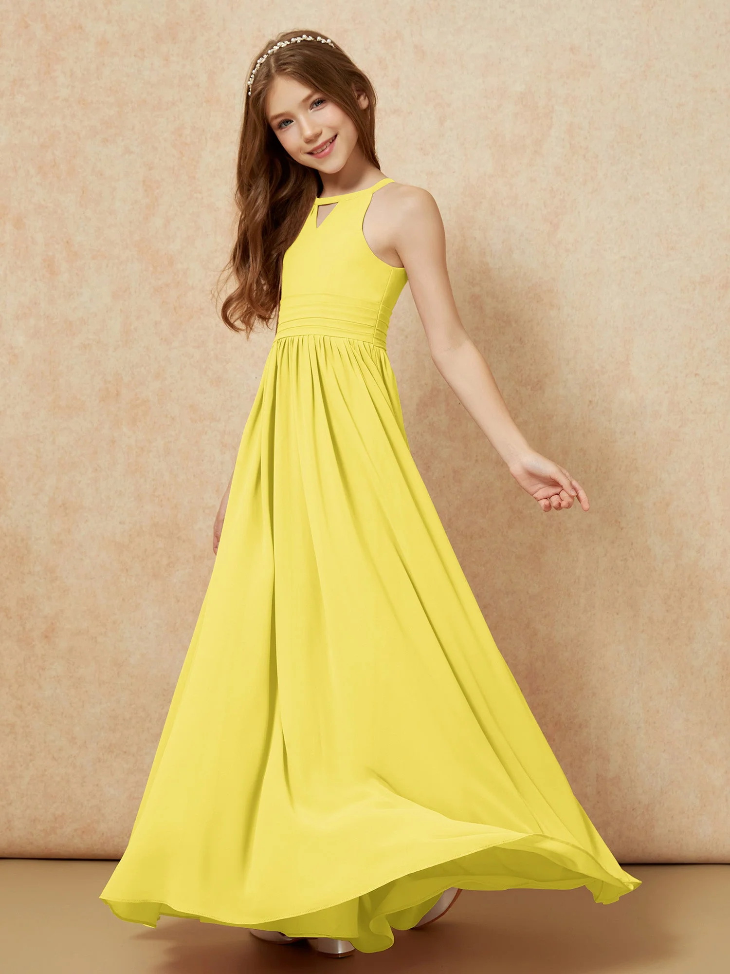 Halshalter Ärmellos Lang Chiffon Junge Brautjungfernkleider Zitrone - Image 3