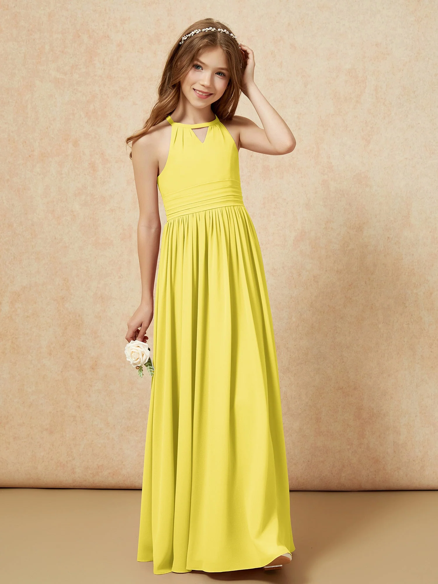 Halshalter Ärmellos Lang Chiffon Junge Brautjungfernkleider Zitrone - Image 4