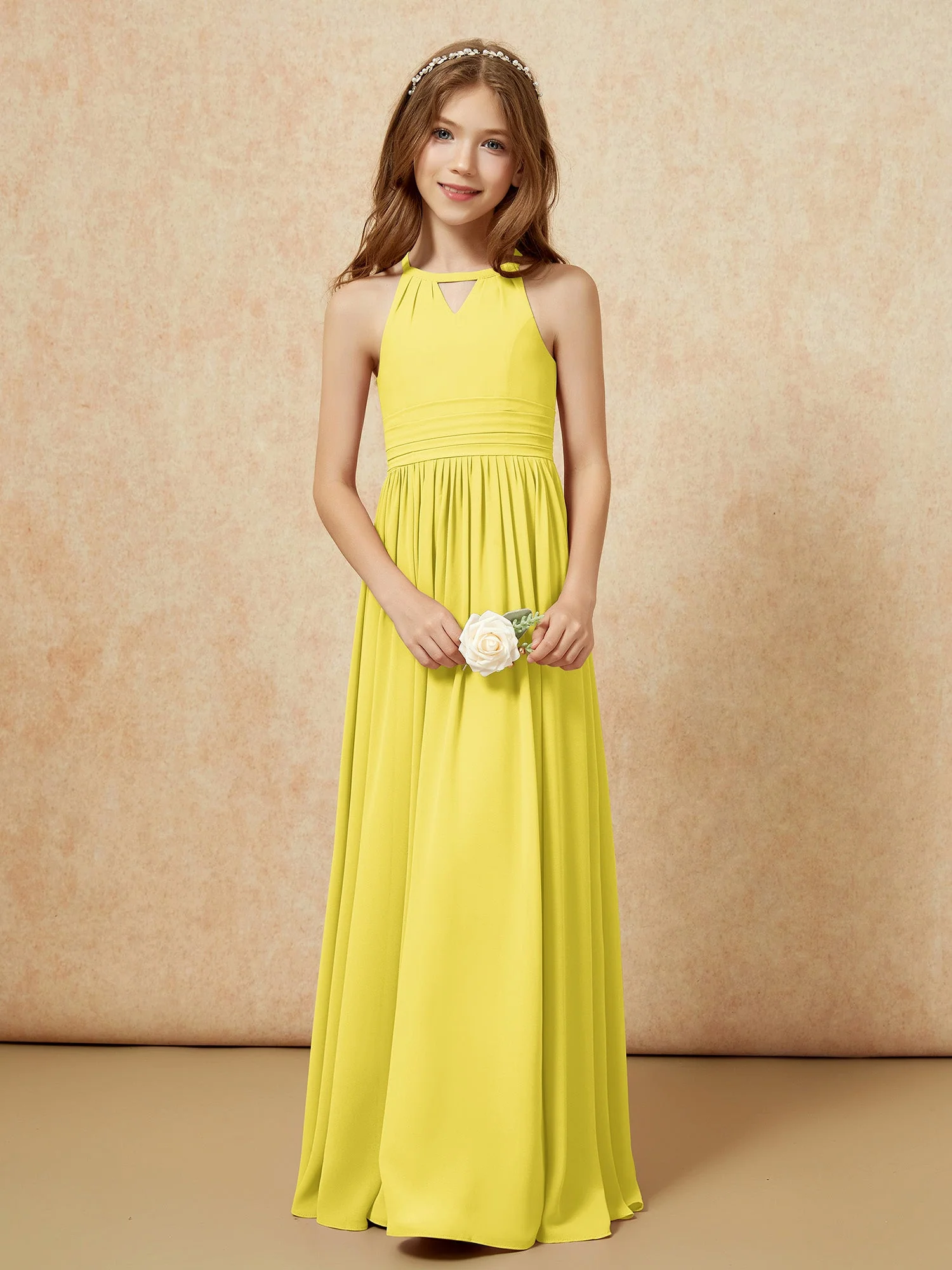 Halshalter Ärmellos Lang Chiffon Junge Brautjungfernkleider Zitrone - Image 5