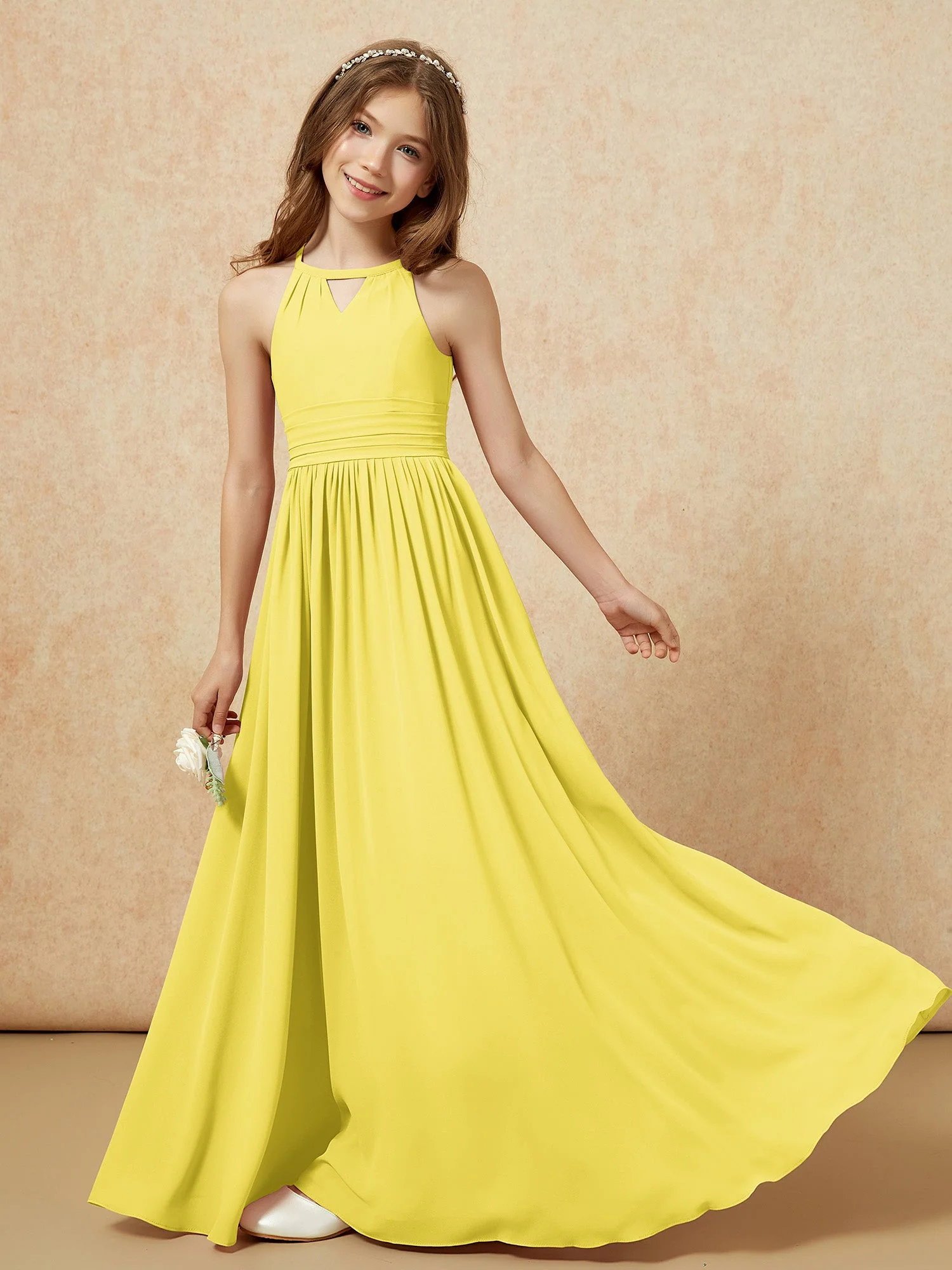 Halshalter Ärmellos Lang Chiffon Junge Brautjungfernkleider Zitrone - Image 6