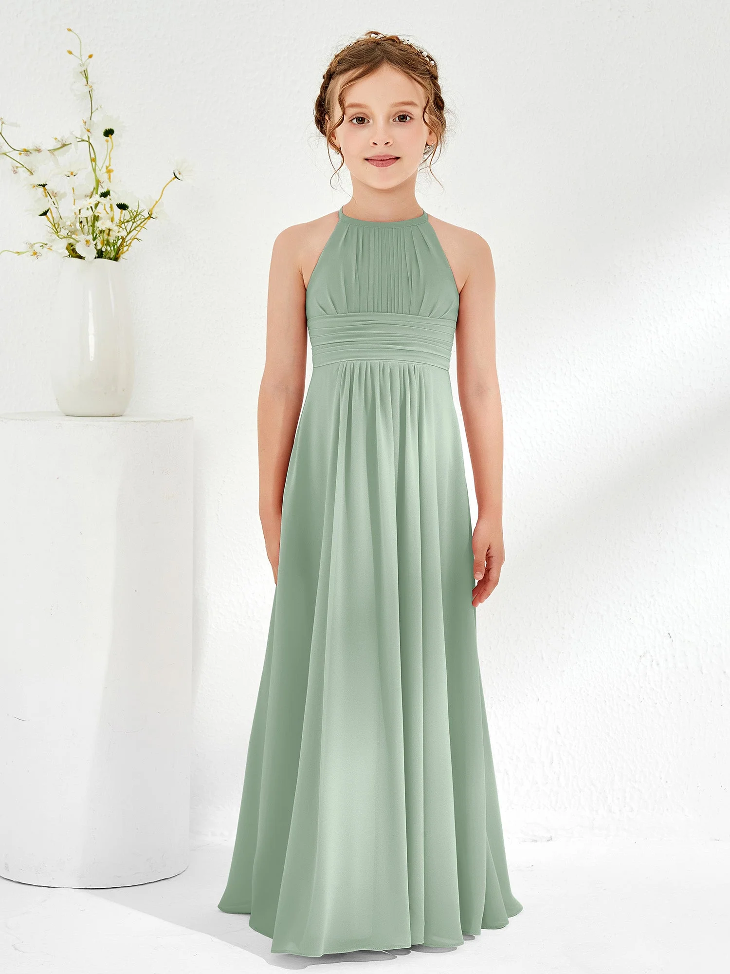 Halshalter Chiffon Junge Brautjungfernkleider Agavengrün