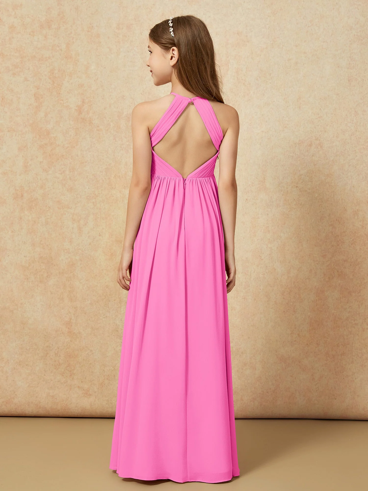Halshalter Plissee Lang Chiffon Junge Brautjungfernkleider Azalee - Image 2