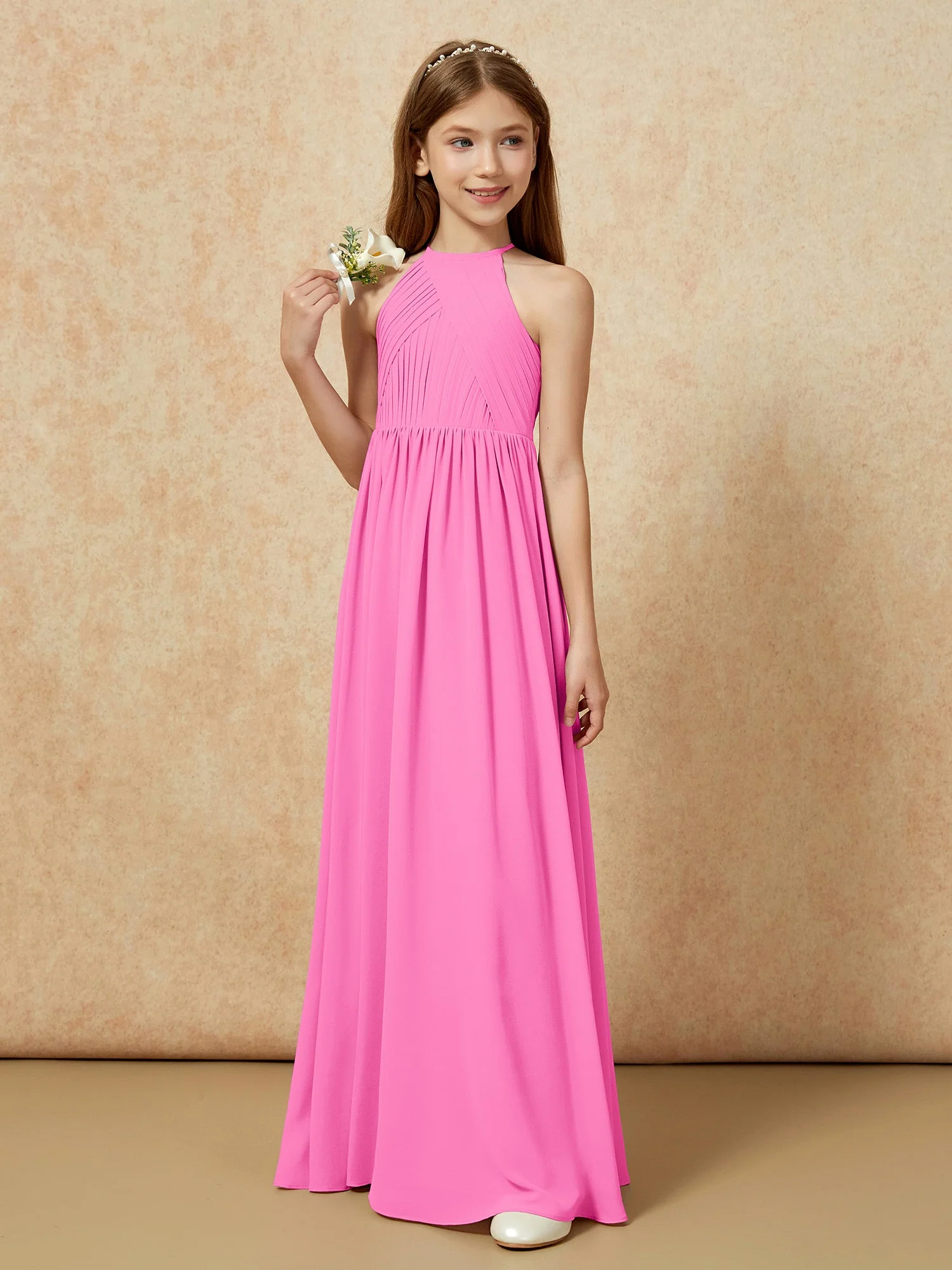 Halshalter Plissee Lang Chiffon Junge Brautjungfernkleider Azalee - Image 5