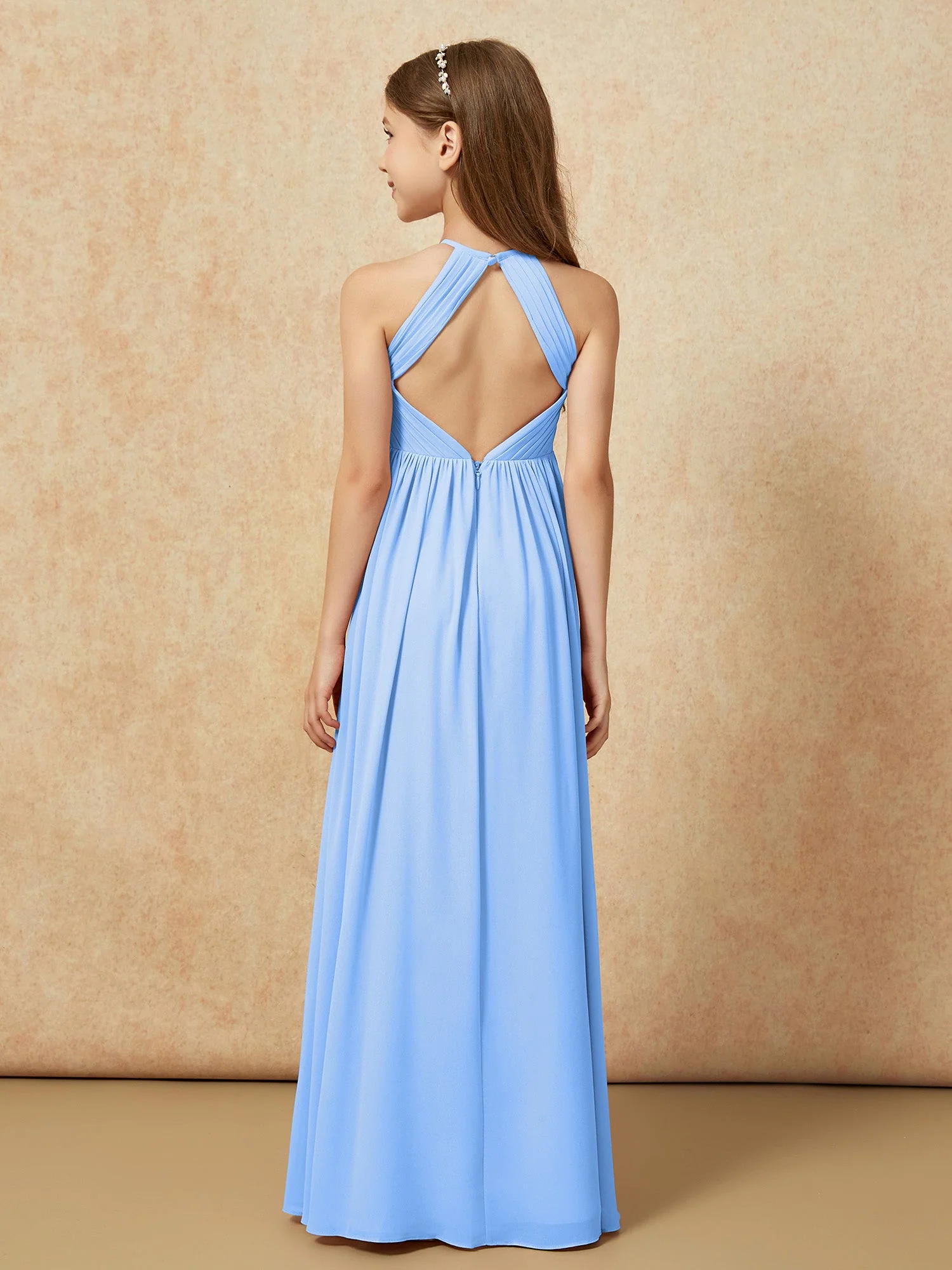 Halshalter Plissee Lang Chiffon Junge Brautjungfernkleider Blau - Image 2