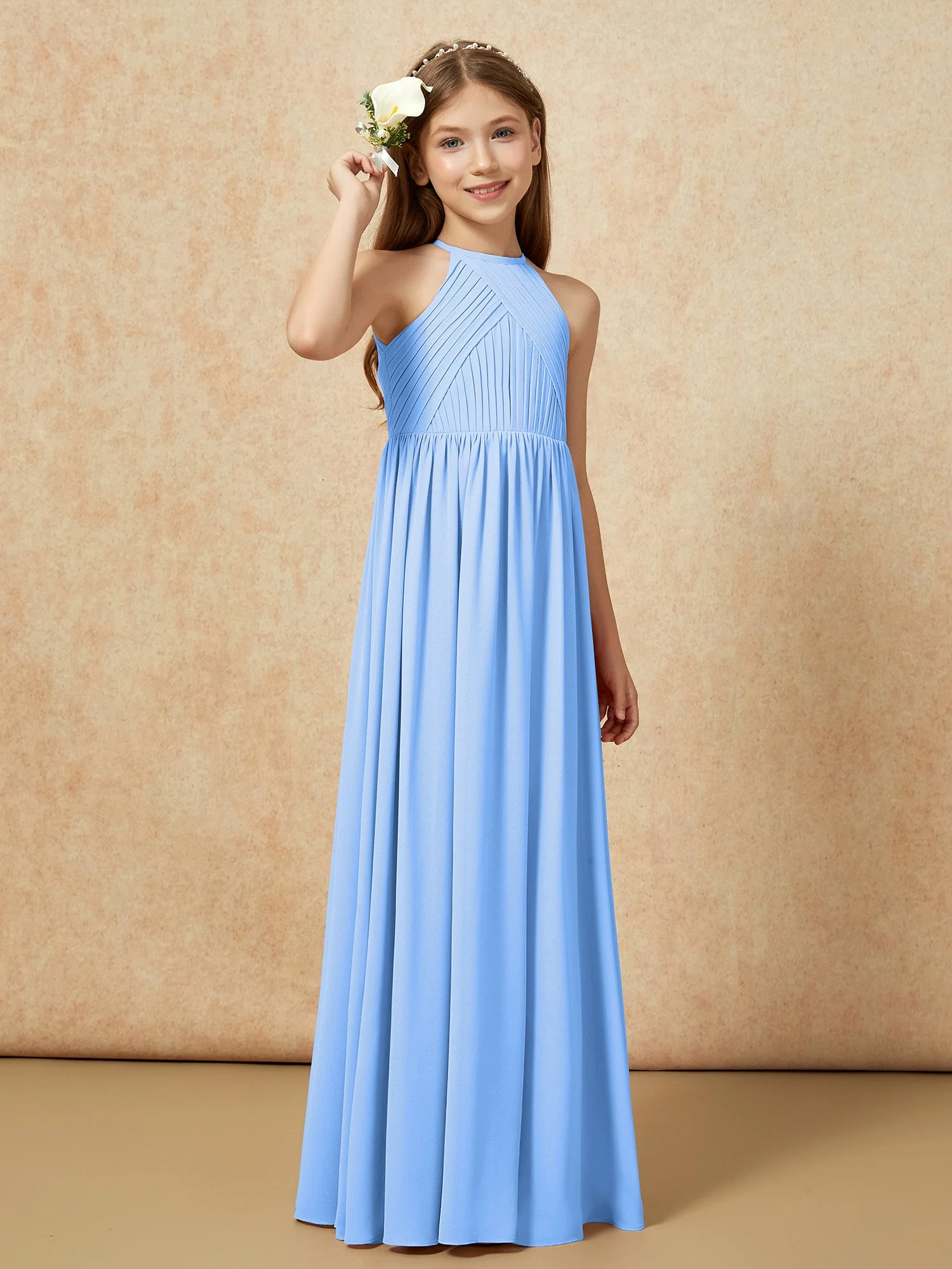 Halshalter Plissee Lang Chiffon Junge Brautjungfernkleider Blau - Image 4