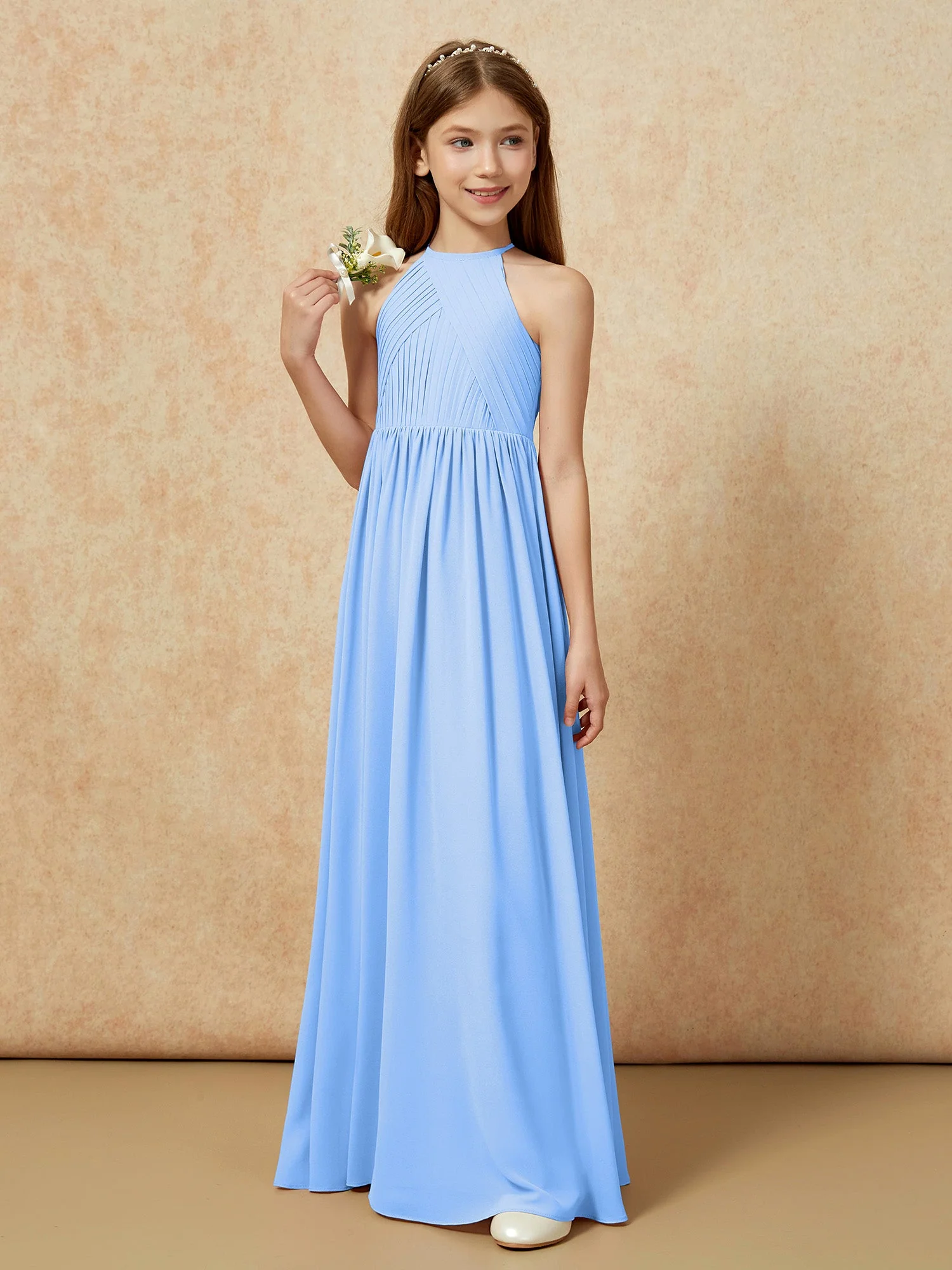 Halshalter Plissee Lang Chiffon Junge Brautjungfernkleider Blau - Image 5