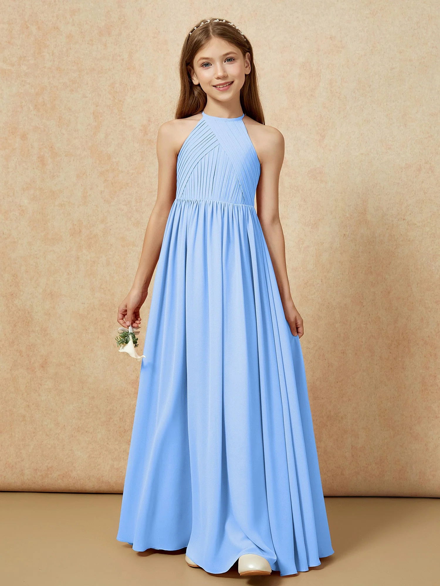 Halshalter Plissee Lang Chiffon Junge Brautjungfernkleider Blau - Image 6
