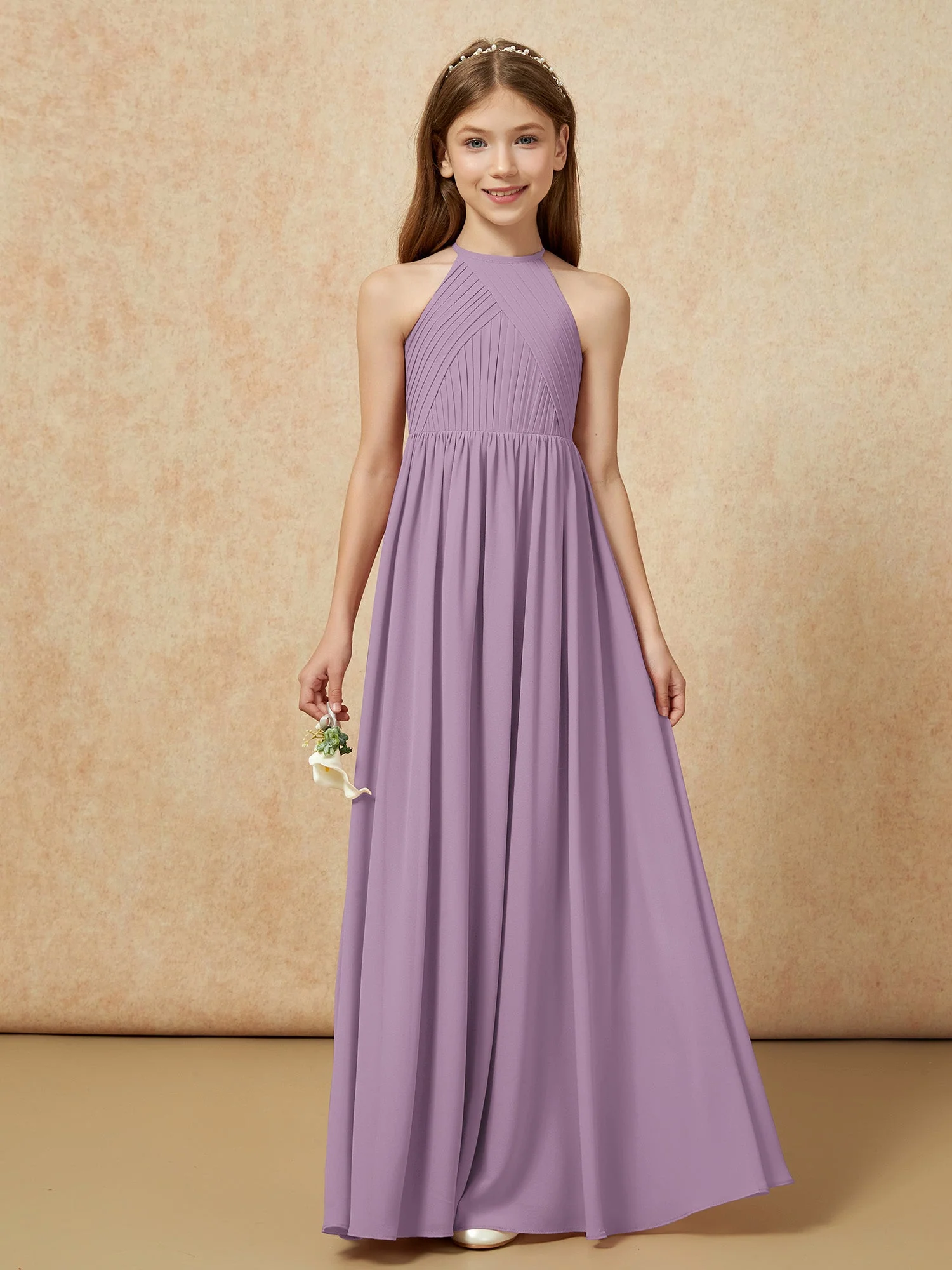 Halshalter Plissee Lang Chiffon Junge Brautjungfernkleider Blauregen