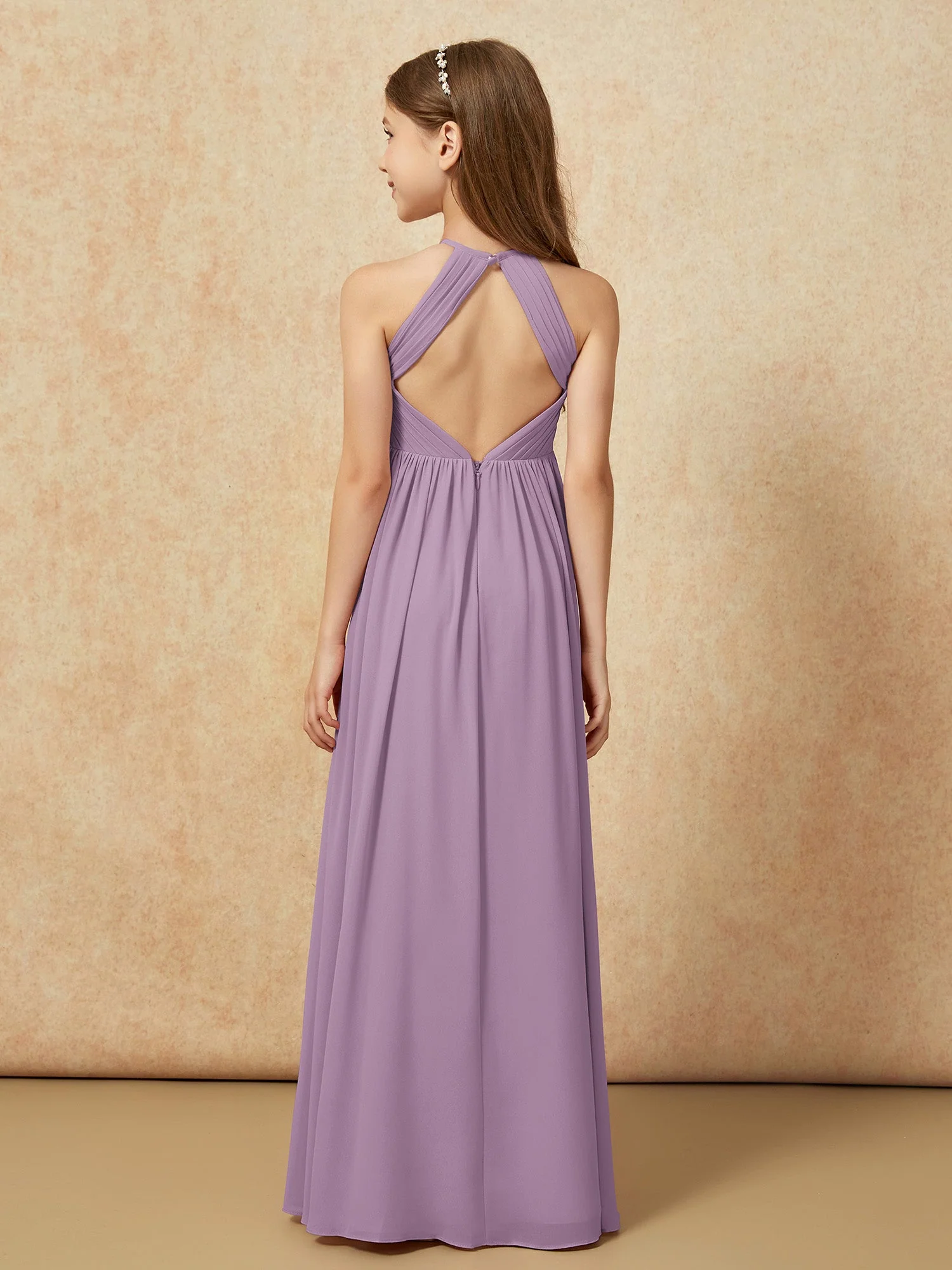Halshalter Plissee Lang Chiffon Junge Brautjungfernkleider Blauregen - Image 2