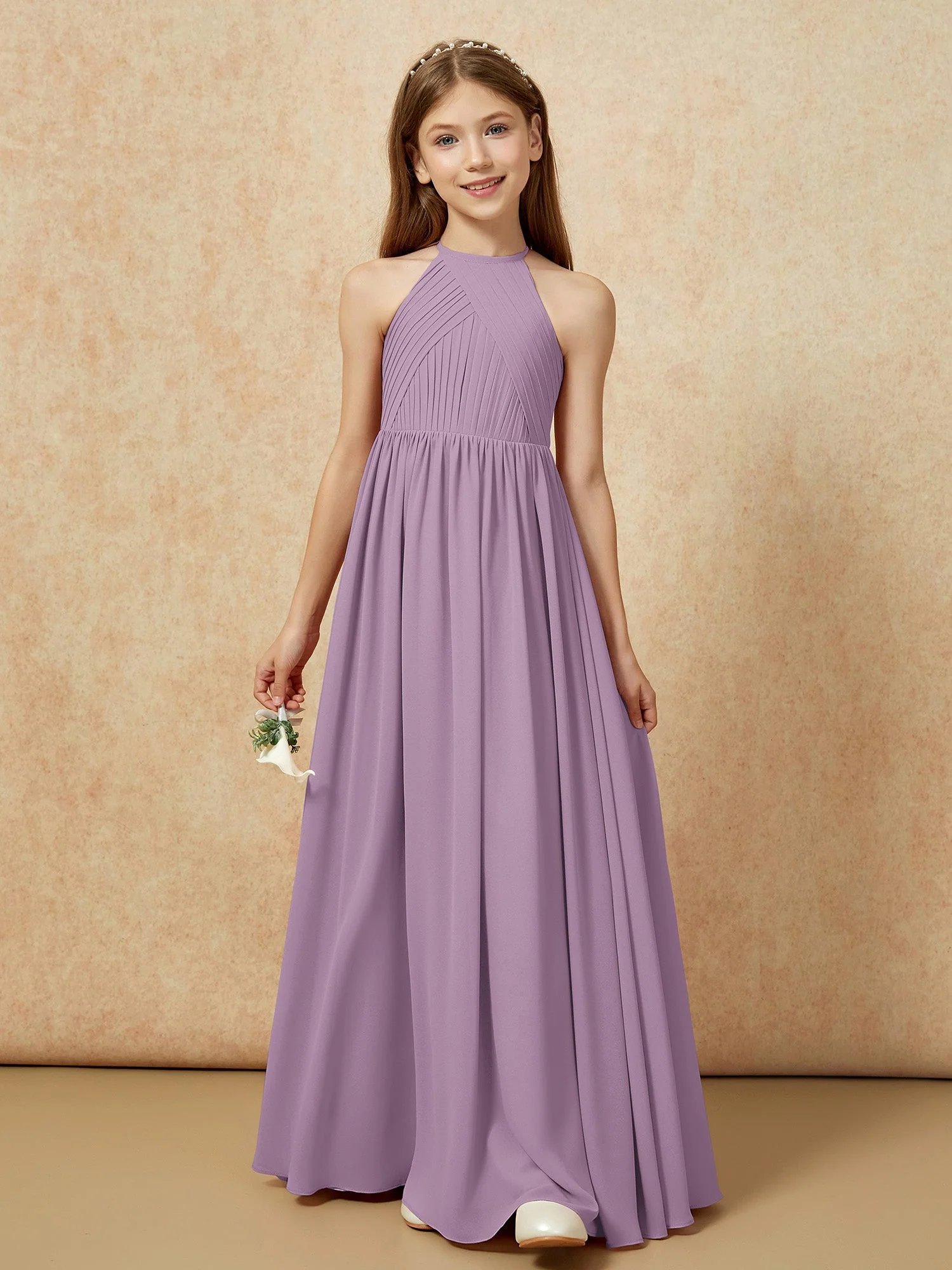 Halshalter Plissee Lang Chiffon Junge Brautjungfernkleider Blauregen - Image 6