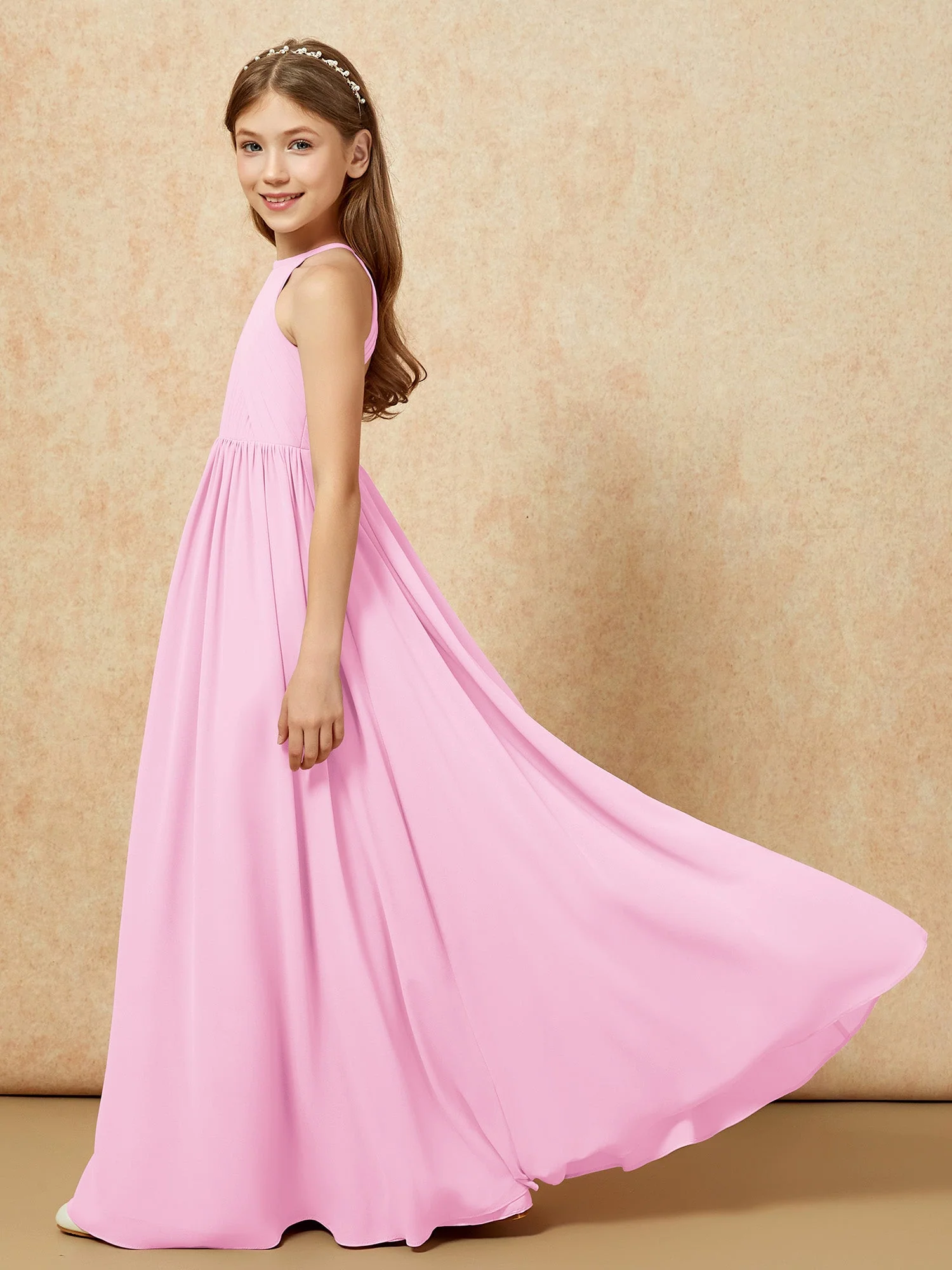 Halshalter Plissee Lang Chiffon Junge Brautjungfernkleider Bonbonrosa - Image 7