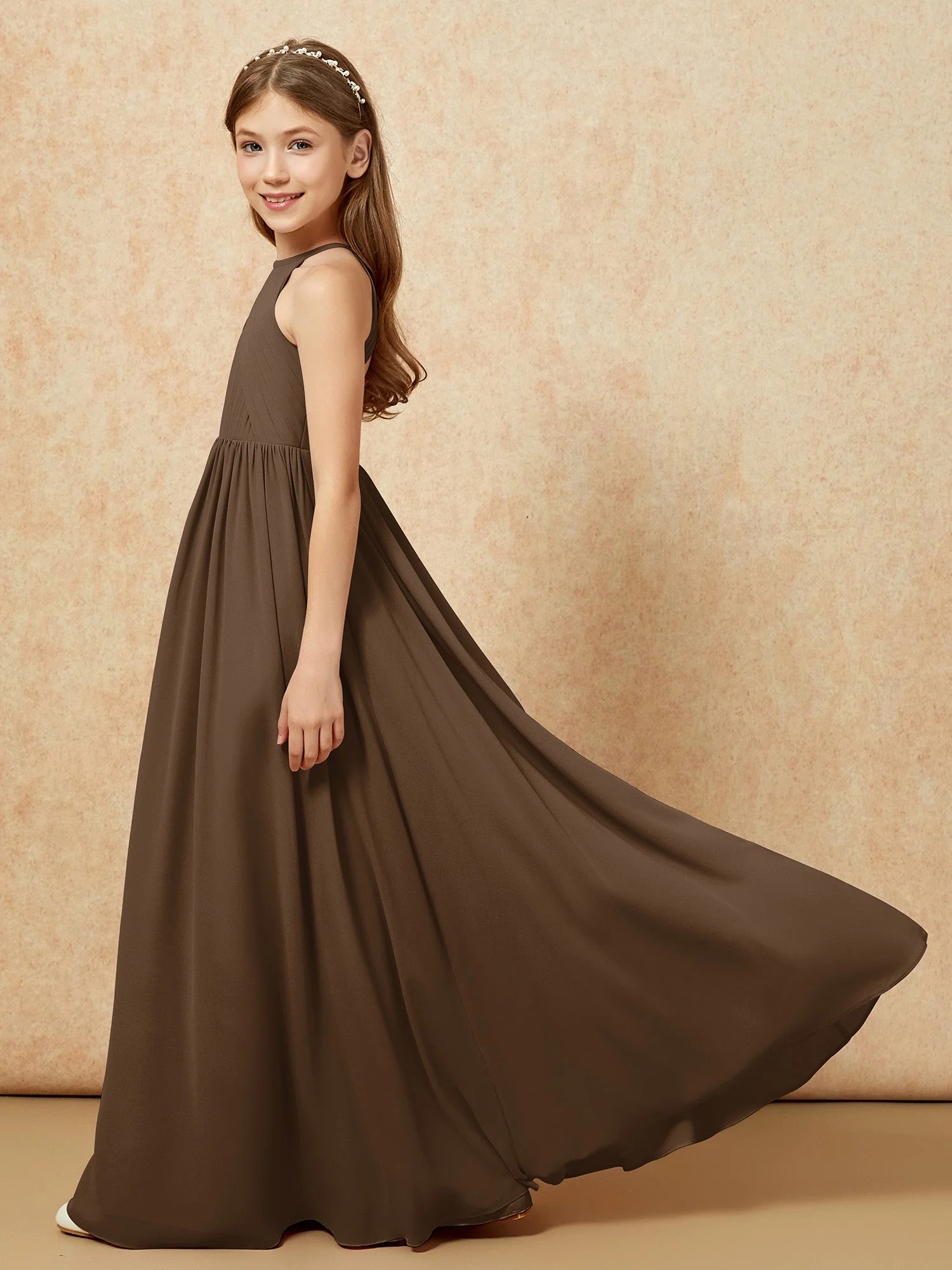 Halshalter Plissee Lang Chiffon Junge Brautjungfernkleider Braun - Image 7