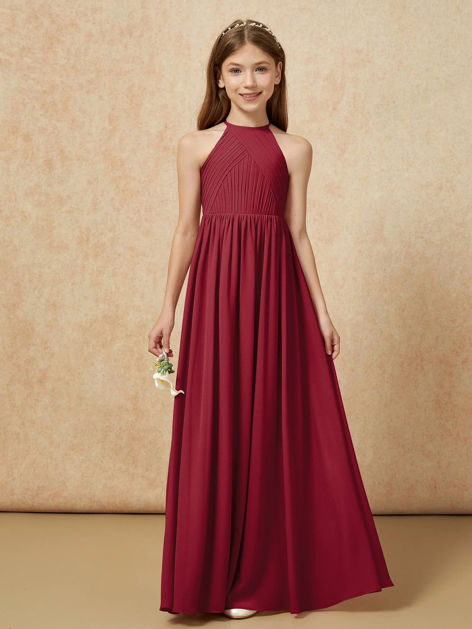 Halshalter Plissee Lang Chiffon Junge Brautjungfernkleider Burgunderrot